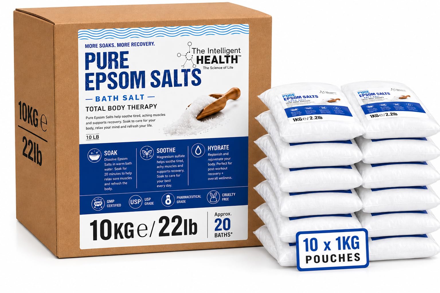 Pure Epsom Salts | Magnesium Sulphate Bath Salt | 10 Kg Pack by The Intelligent Health | Ideal for Relieving Sore Muscles | Reduces Inflammation