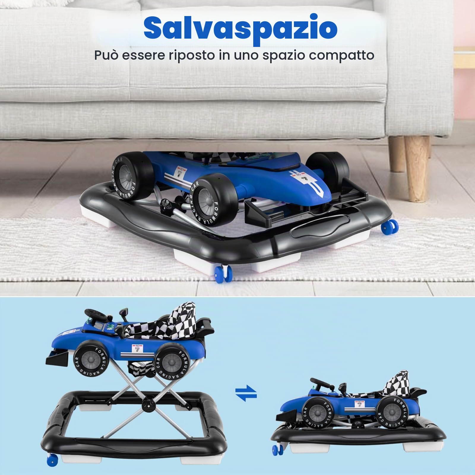 LIFEZEAL 4 in 1 Girello per Bambini, Neonati 6-18 Mesi, Altezza Regolabile, Antiurto, Trasformabile, Pieghevole, con Musica, Primi Passi, Baby Walker, Carrellino, Imparare a Camminare, Max12kg, Blu