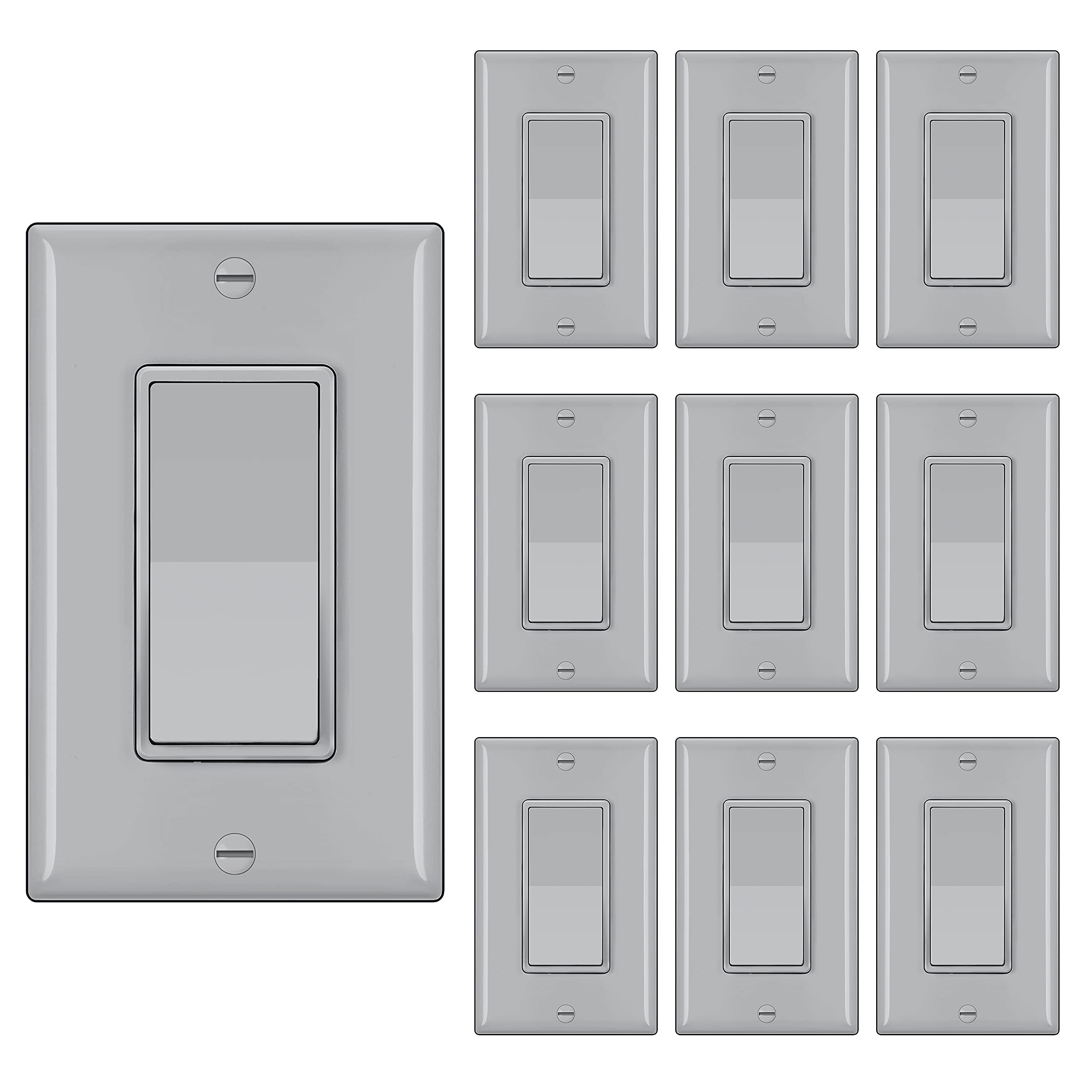 [10 Pack] BESTTEN Single Pole Decorator Wall Light Switch with Wallplate, 15A 120/277V, On/Off Rocker Paddle Interrupter, UL Listed, Gray