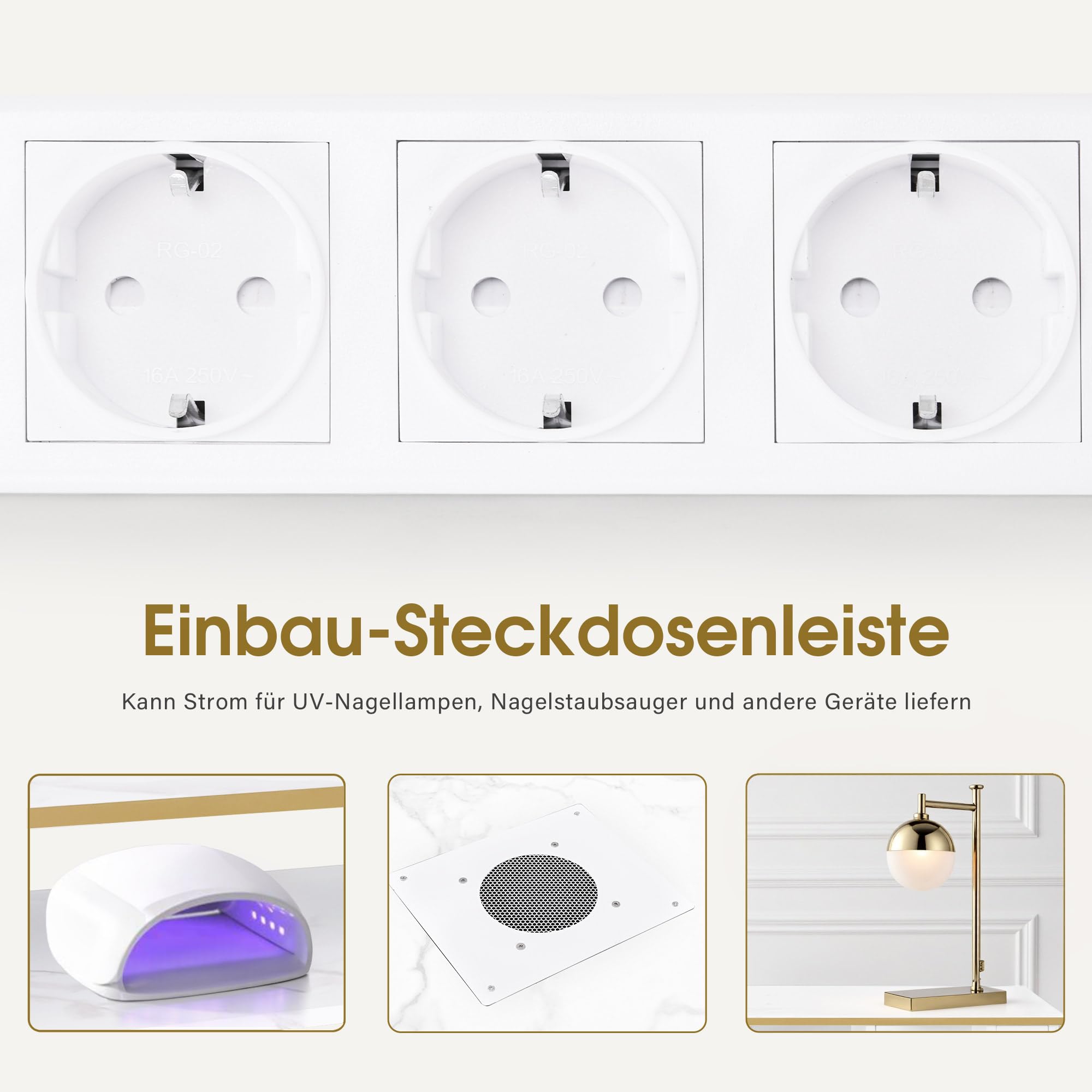 BarberPub Maniküretisch mit 4 Schubladen, 1 Regal & 5 Ablagen, Nageltisch mit Absaugung, 2 Staubsaugerbeuteln, Nagelfrisiertisch Holz, Schreibtisch für Nagelstudio, Marmor-Weiß Gold, 55x112x80cm, 2464
