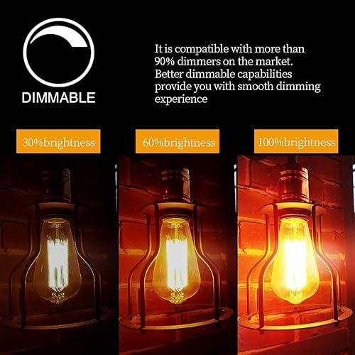 Miniatura 9 de LUXON Paquete de 8 bombillas Edison de estilo vintage antiguo incandescente, regulable, ámbar cálido, 60 W, base E26 para aplique de pared, lámpara