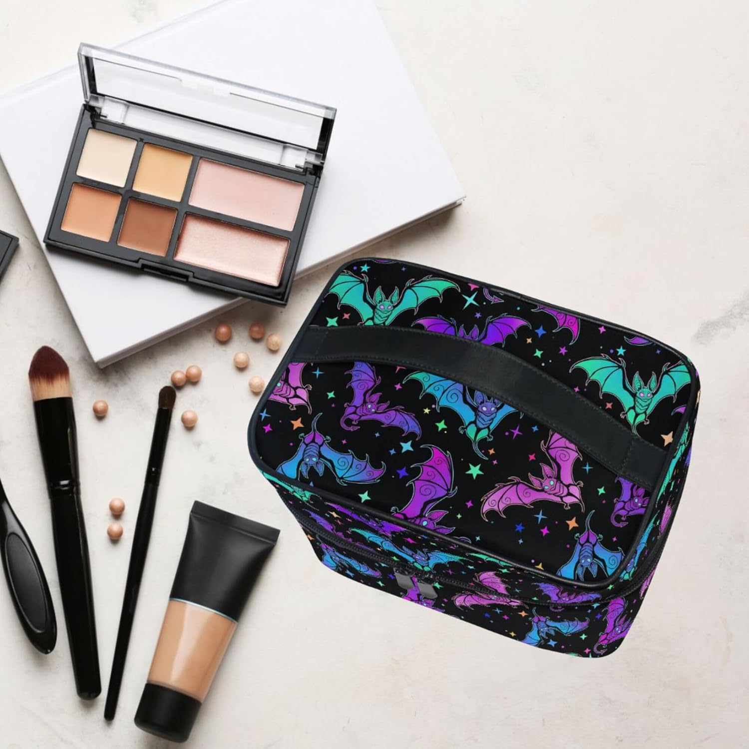 MNSRUU Goth Makeup Bag, Gothic Bats Halloween Luminous Makeup Organizer Bags Toiletry Bag Box Travel Cosmetic Bag Make Up Train Case for Women Teen Girl Ladies