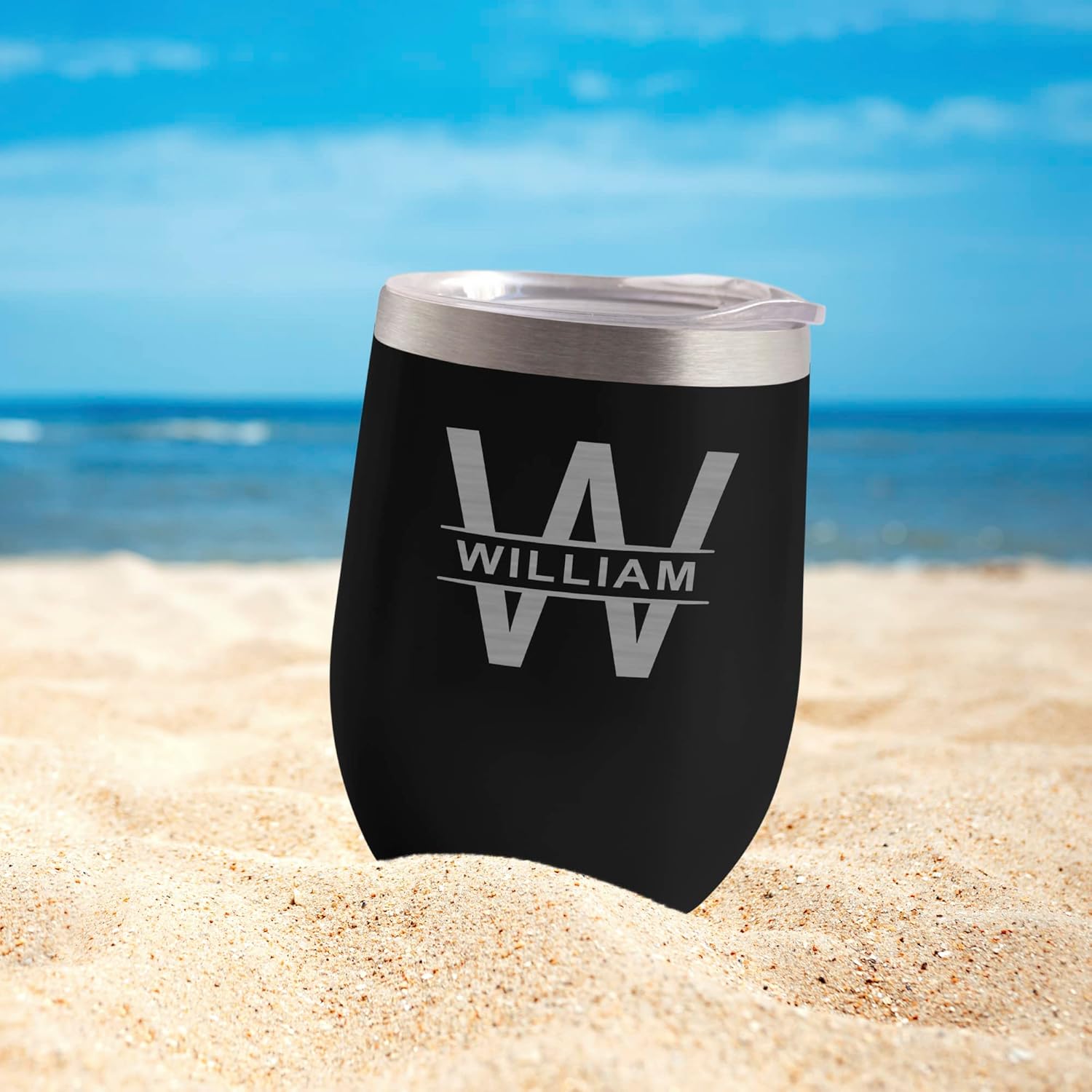 Personalized Wine Tumbler with Lid | Stainless Steel Coated Metal Engraved Insulated 12 oz Custom Cooler Glass Cup for Women & Men | Thermal Beverages Travel Coffee Mug with Text & Logo (Black)