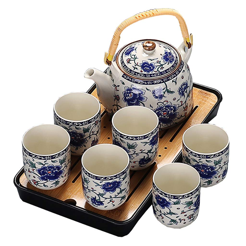 Set da tè Teiera in Ceramica Travi Cinesi Casa retrò Bottiglia d'Acqua Fredda Blu e Bianca Vassoio da tè Secco Kungfu Semplice Set da 8 Pezzi(B