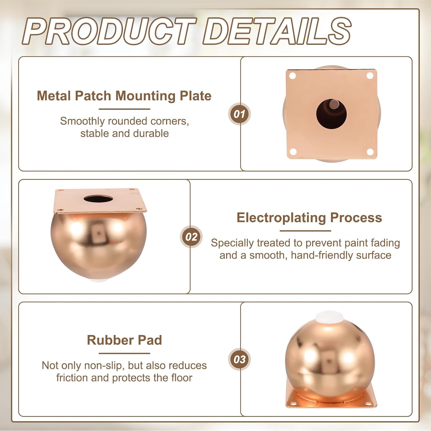 uxcell Legs for Furniture Set of 4, Heavy Duty Metal Sphere Furniture Feet with Rubber Pads for Dresser, Sofa, Tables, Bed and Cabinet(3.94", Rose Gold)