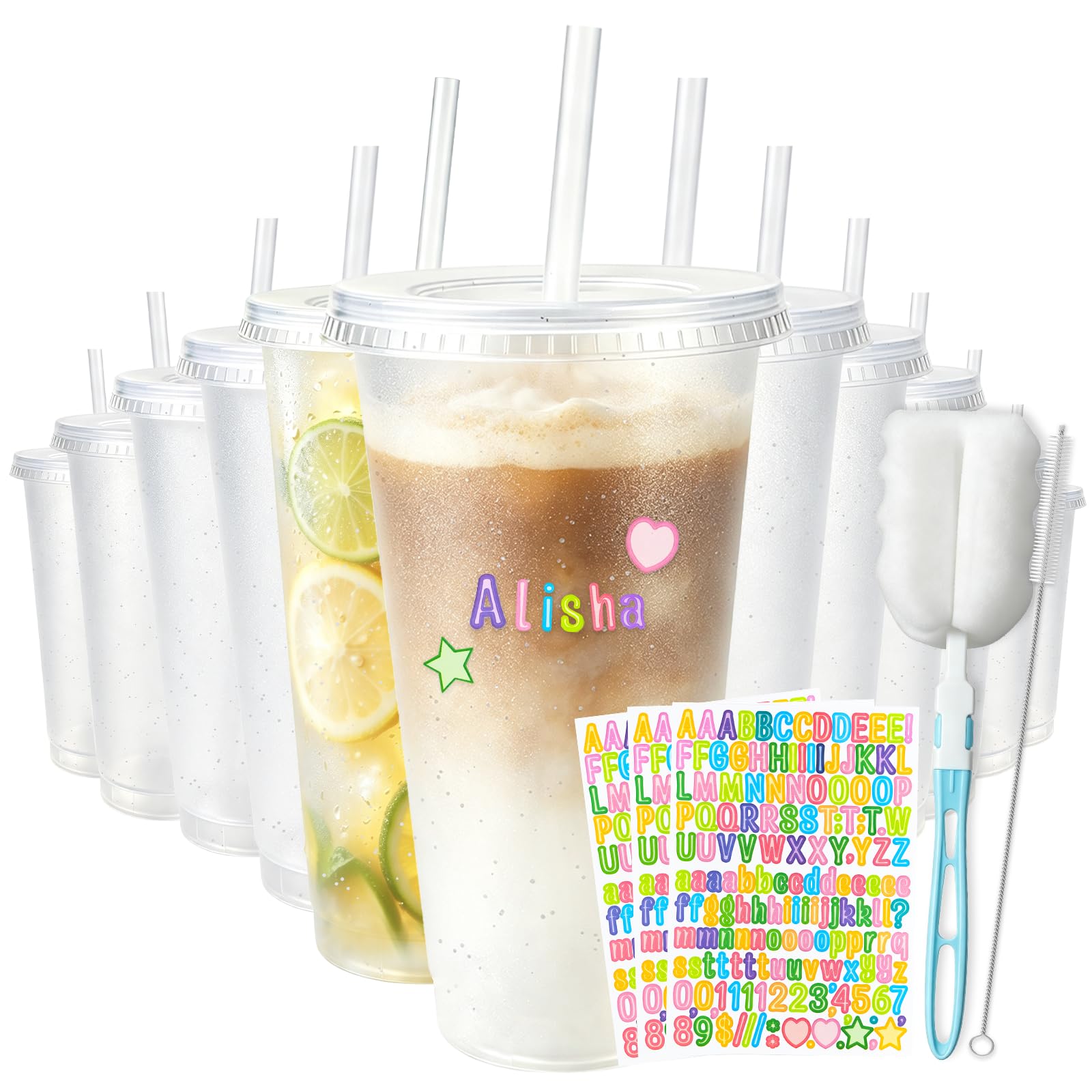 TEYIAN 12 Pack 710ml/24 oz Reusable Plastic Cups with Lids and Straws Letter Stickers Brushes Party Tumbler Cup Travel Mugs Clear Beverage Cups