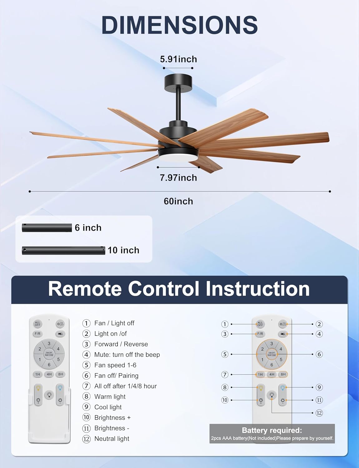 Ohniyou 60'' Ceiling Fan with Light - 8 Blades Modern Farmhouse Ceiling Fan Remote/APP Control, Dimmable, Covered Outdoor Fan for Patio, Living Room, Black+Wood Color