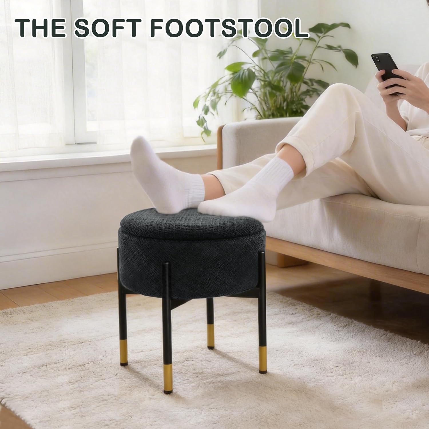 CAROLMADE Round Ottoman with Storage, Velvet Makeup Vanity Stool, Small Ottoman Foot Stool with Coffee Table and Metal Legs for Living Room, Bedroom and Dorm, Black