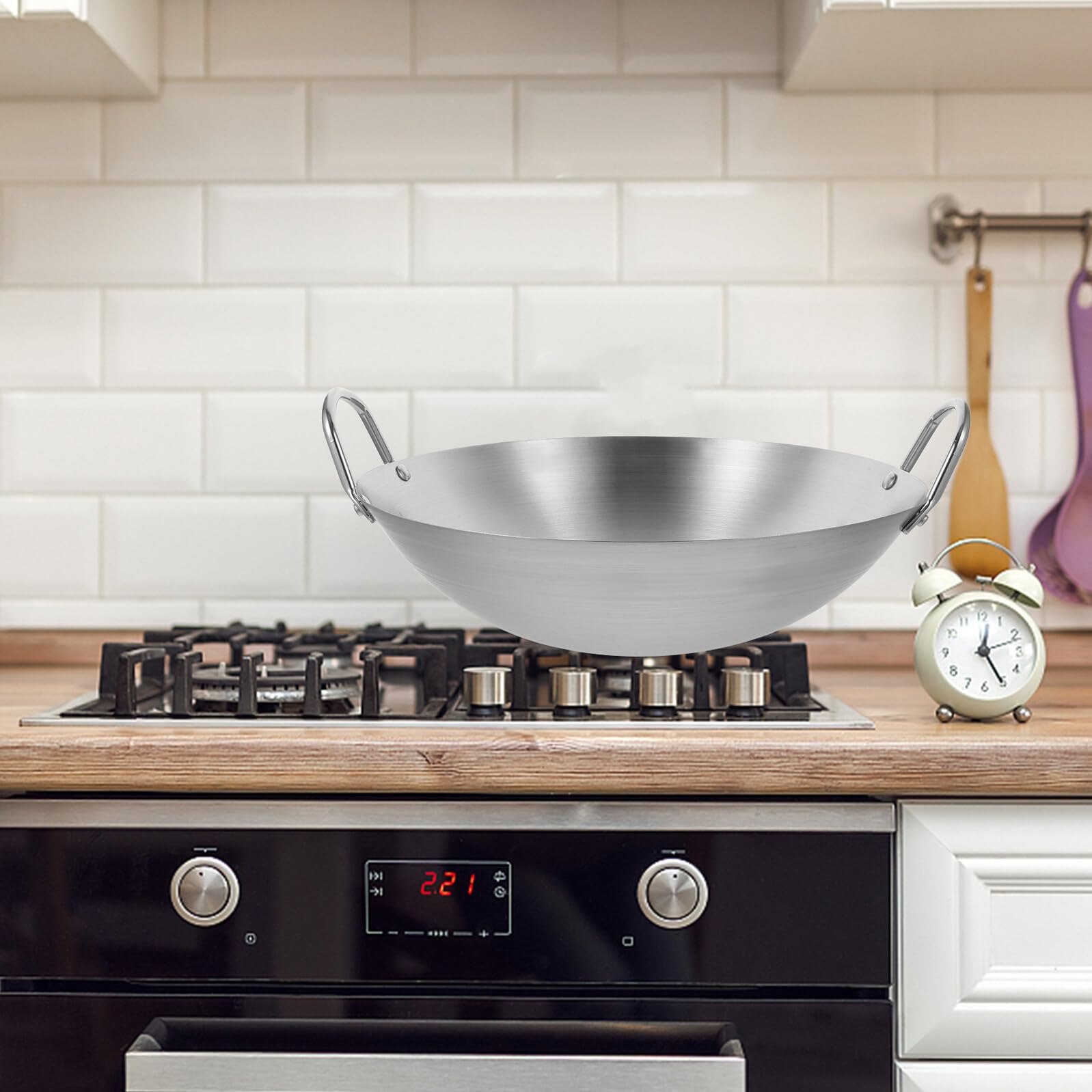 SHINEOFI Poêle à Wok Chinoise en Acier Inoxydable Argentée, Stable | Usage sur Plaque de Cuisson et Flamme Nue, Large Polyvalence, Ustensile Cuisine Domestique