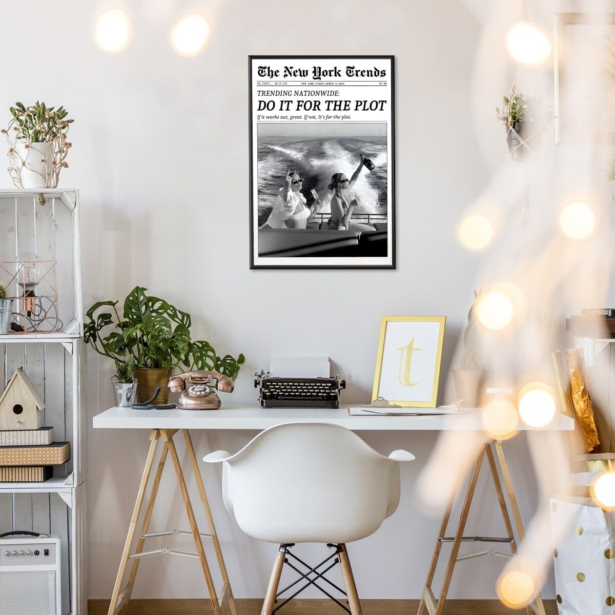 Retro New York Trends Wall Art Black and White Newspaper Poster Do It for The Plot Canvas Prints Funky Feminist Posters Trendy College Wall Decor for Bar Cart Hot Girl Dorm Room Decorative 12x16inch black framed