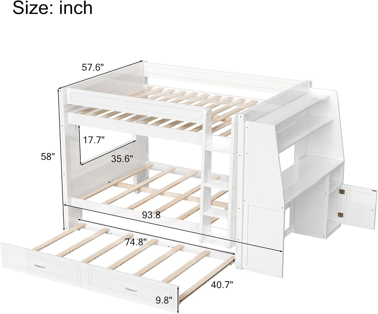Harper & Bright Designs Full Over Full Bunk Bed with Trundle, Wood Bunk Bed Frame with Stair, Desk & Bookshelves, Full Bunkbeds for Kids, Teens, Adults,White