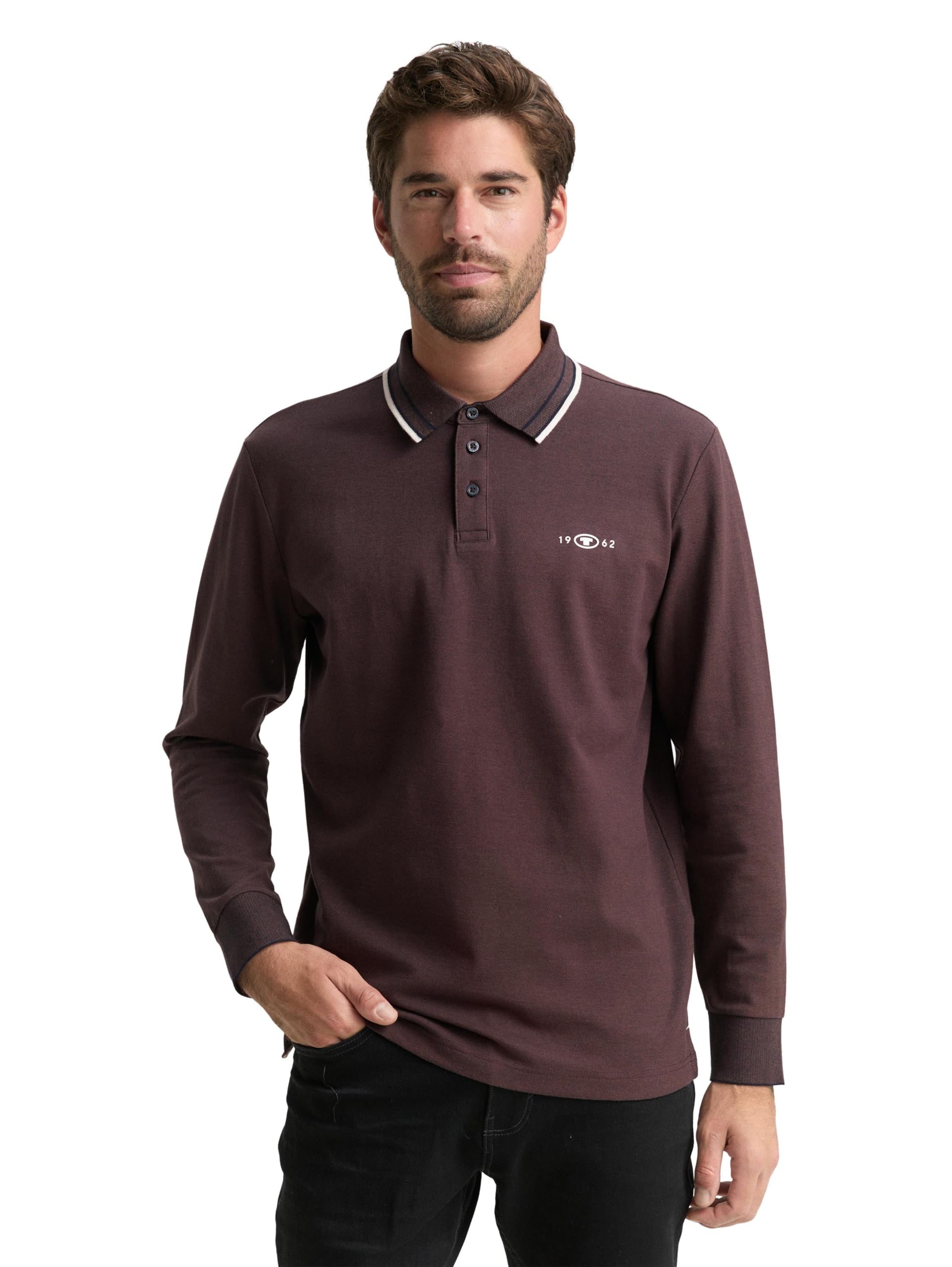 TOM TAILOR Herren Langarm Piqué Poloshirt mit Logo-Print