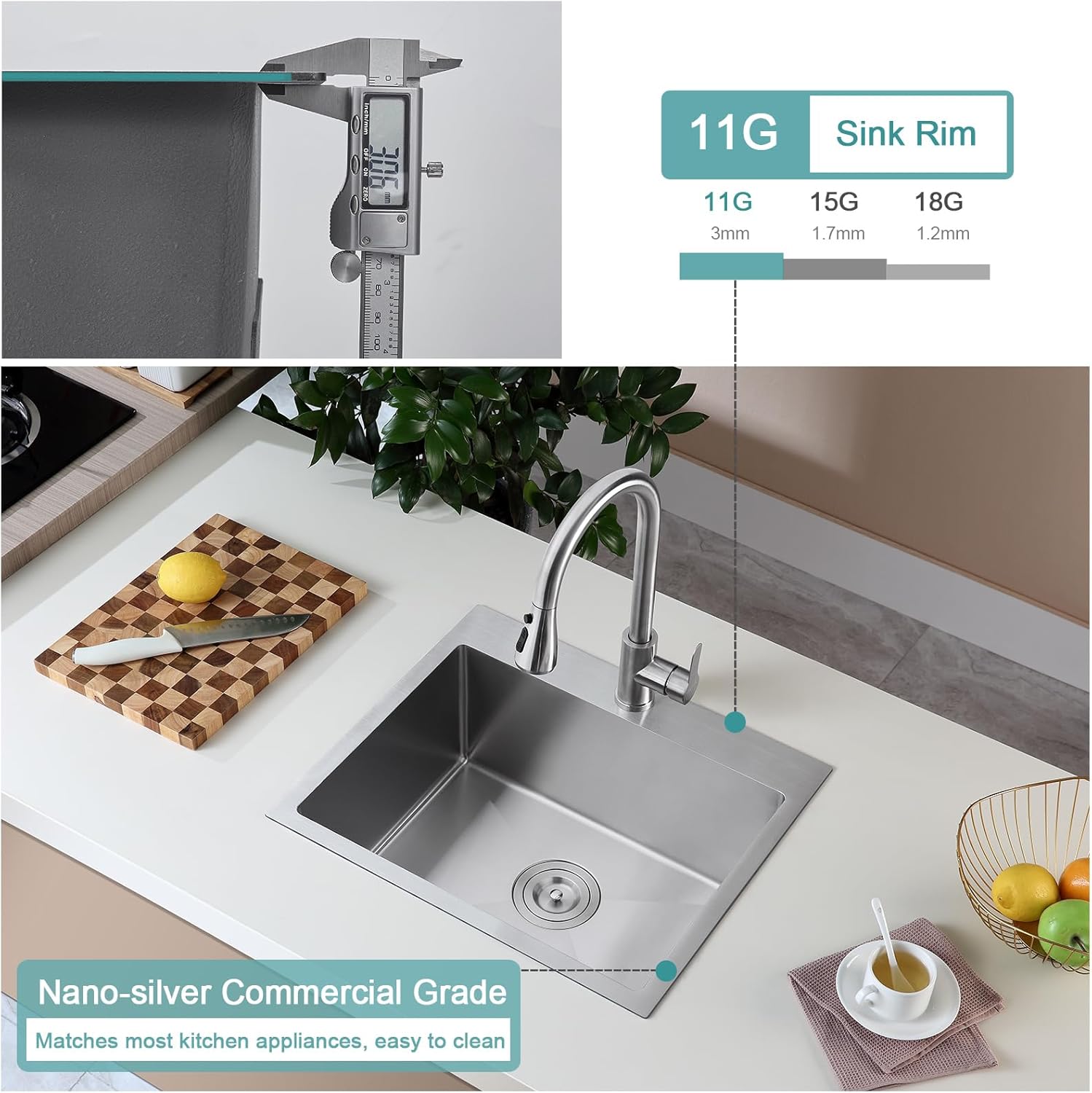 21 Inch Kitchen Sink Single-Bowl - Drop in Stainless Steel Residential Sink with Single Hole, Top-Mount Modern Sinks with Rear Drain, Nano-Silver, 21" X 18" X 9"