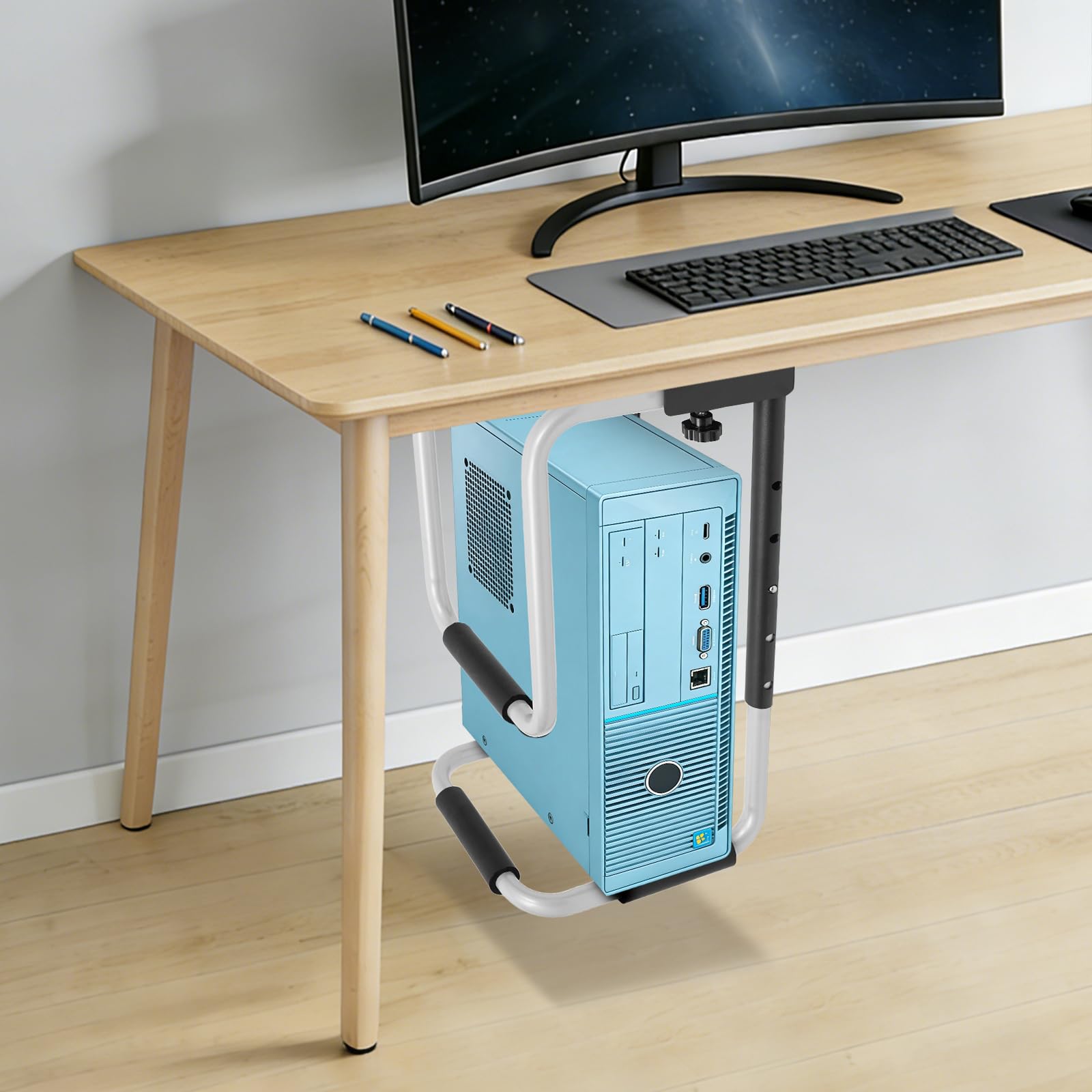 Supporto per PC sotto la scrivania, portata 27,22 kg, supporto da parete per PC, regolabile in altezza 30-60 cm, in acciaio Q235, supporto per alloggiamento sotto il tavolo, nero