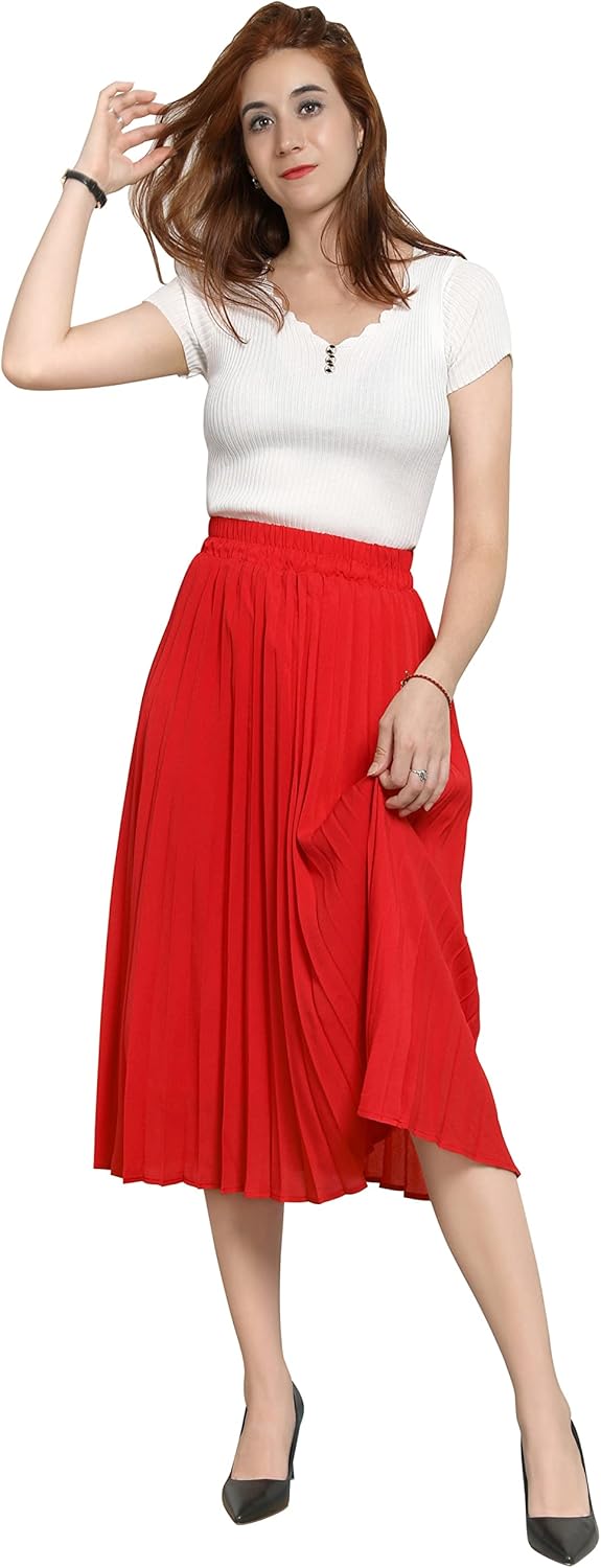 CHARTOU Womens Chic Elastic High Waisted A Line Leopard Print Pleated Shirring Midi-Long Skirt - Image 3