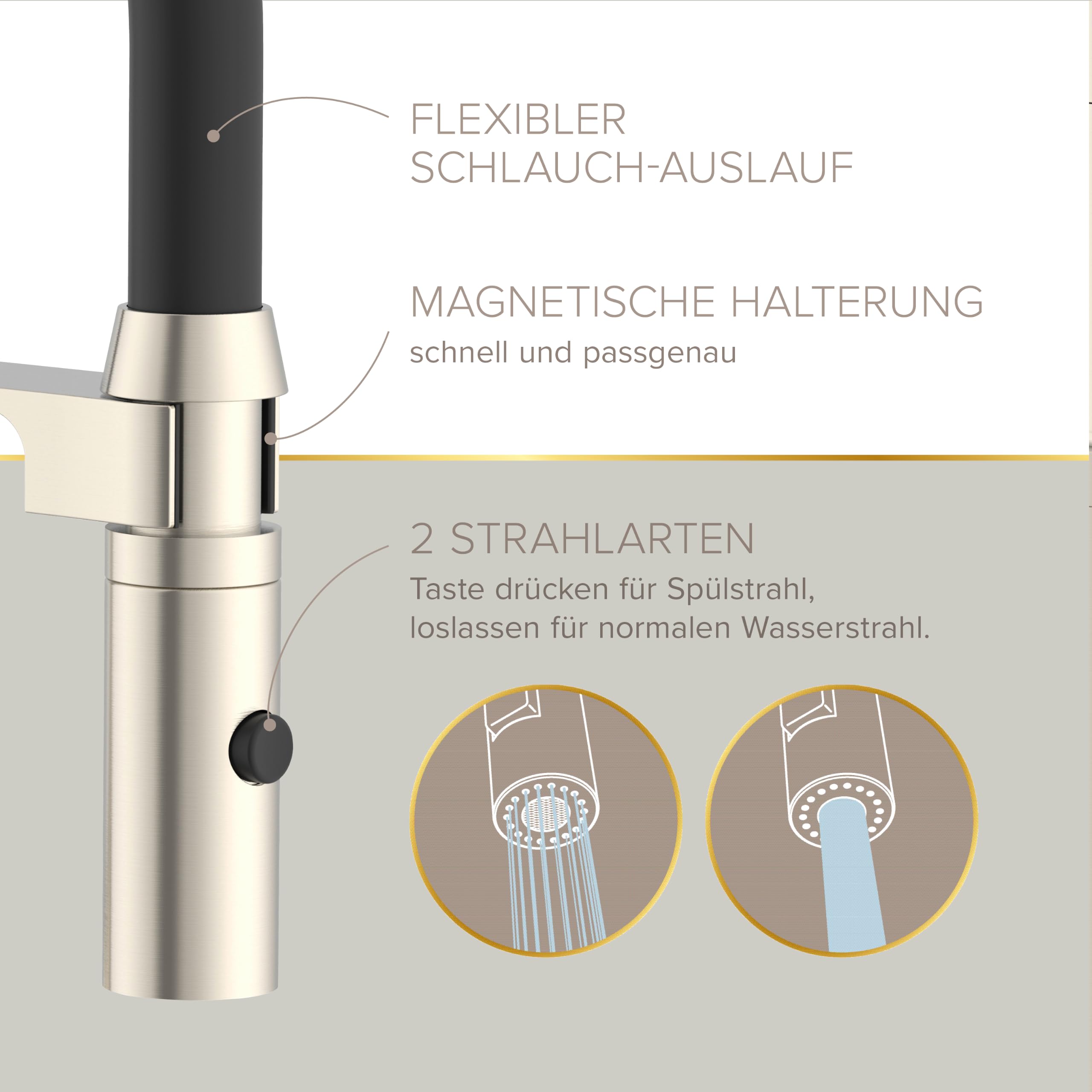 Lenz Küchenarmatur NALU in Nickel – Flexible Geschirrbrause, 2 Strahlarten | Spültischarmatur mit 2-Mengen-Funktion, Magnetische Halterung, Einfache Montage von oben, Höhe 42,7 cm, 46070422