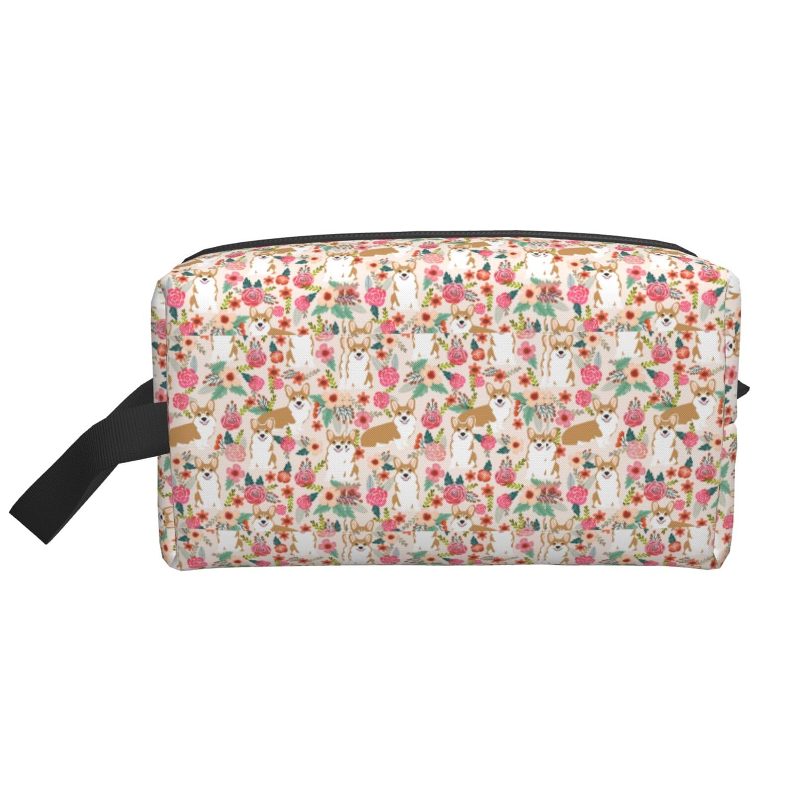 Ercgad Unisex White Corgi Floral Flowers Spring Garden Print Large Capacity Travel Toiletry Bag Cosmetic Pouch Daily Storage Makeup Case