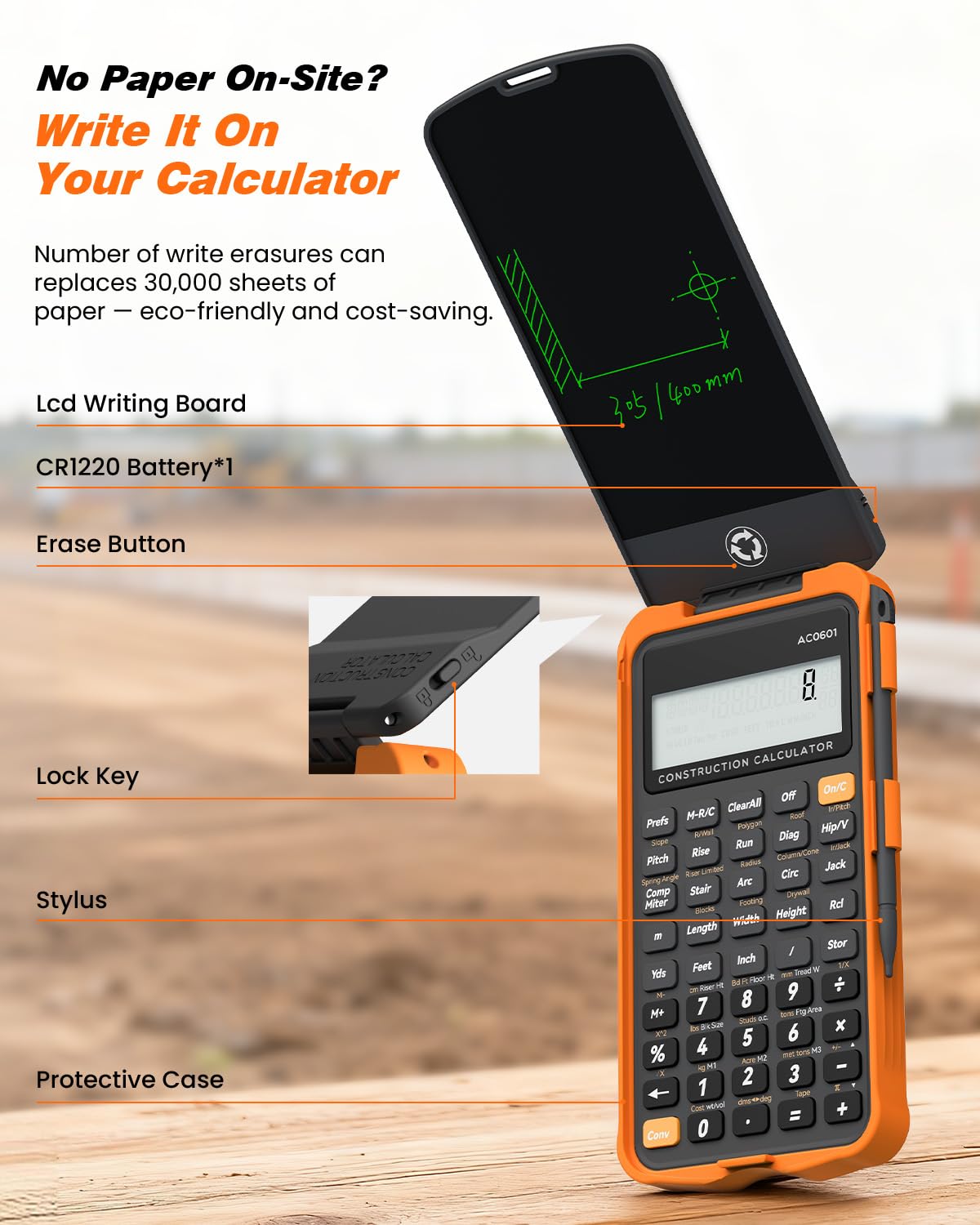 Calculadora de construcción con tableta de escritura industrial y científica ROATEE calculadora de ingeniería para contratistas, calculadoras de bolsillo de pies-pulgadas-fracción de hormigón para