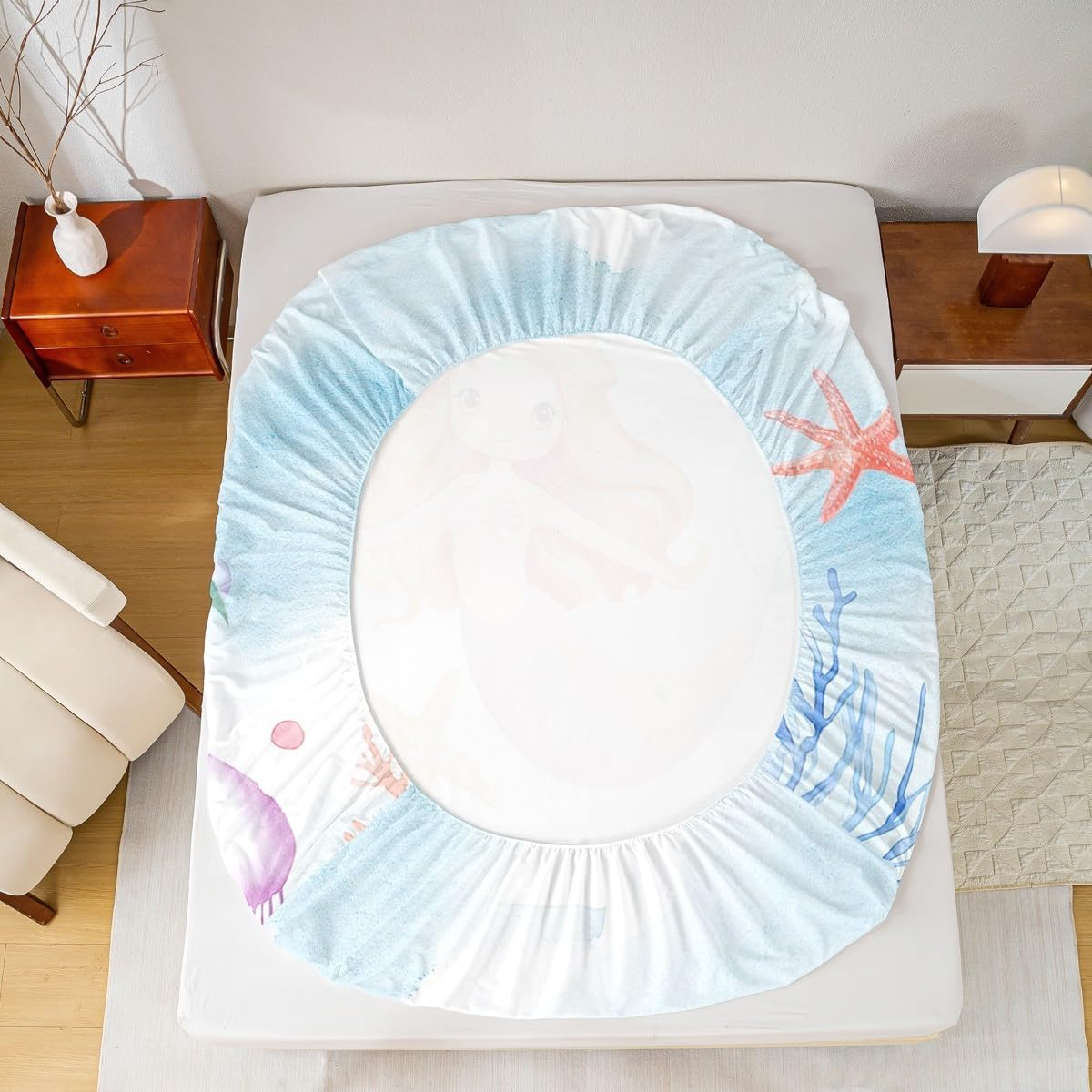 Erosebridal Ocean Bed Sheets Cute Kawaii Mermaid Queen Size Sheet Sets Coastal Beach Themed Sheets Grunge Blue Sheet & Pillowcase Sets Watercolor Underwater World Flat Sheet Mermaid Gifts