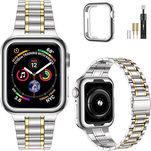 MioHHR - Correas sólidas de acero inoxidable compatibles con Apple Watch de 38 mm, 40 mm, 41 mm, correa de metal con estuche de TPU suave para