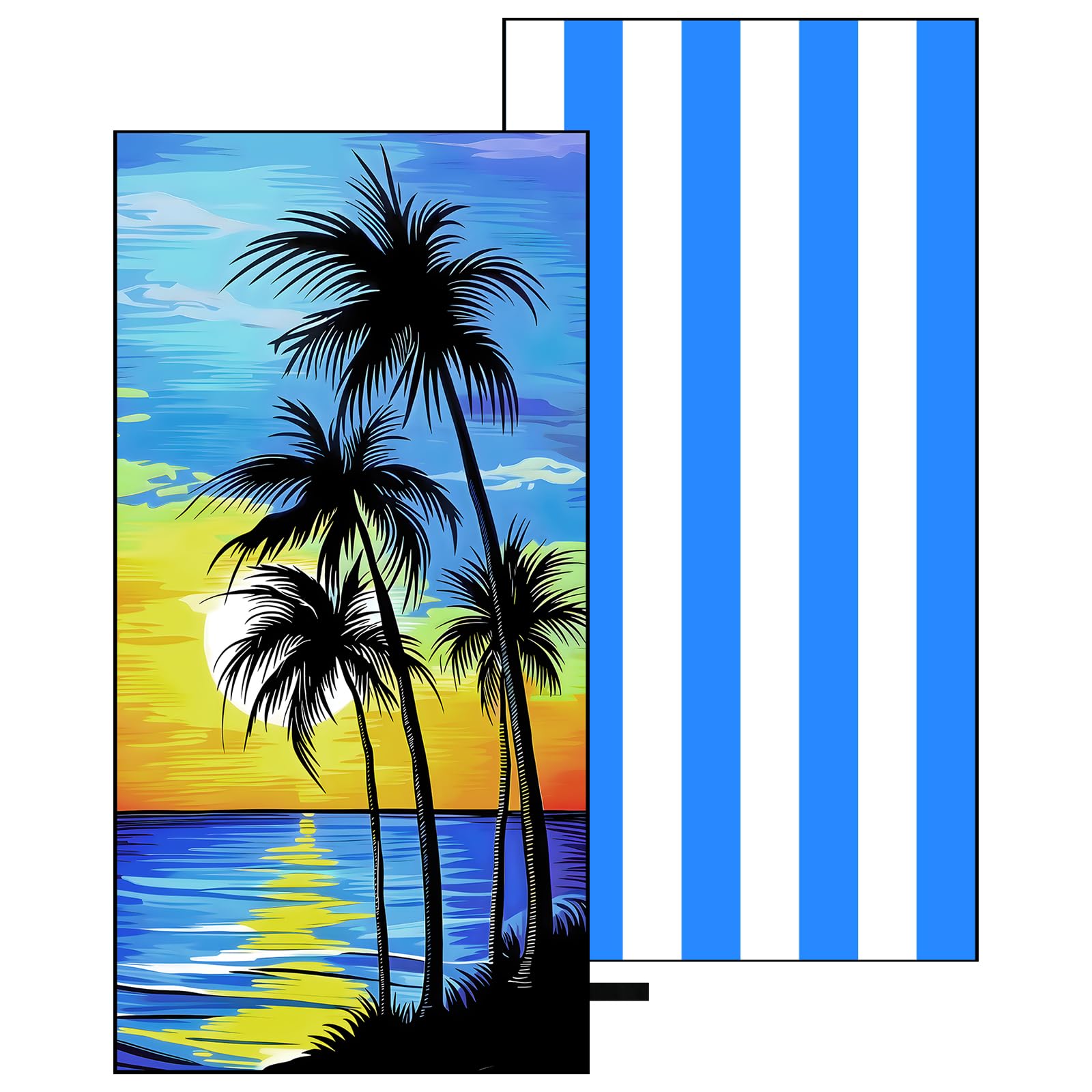 Oversized Microfiber Beach Towel Thin, Blue Sunset Seaside Double Sided Printed Towel 1PC, Large Soft Absorbent Compact Beach Towels for Men Women