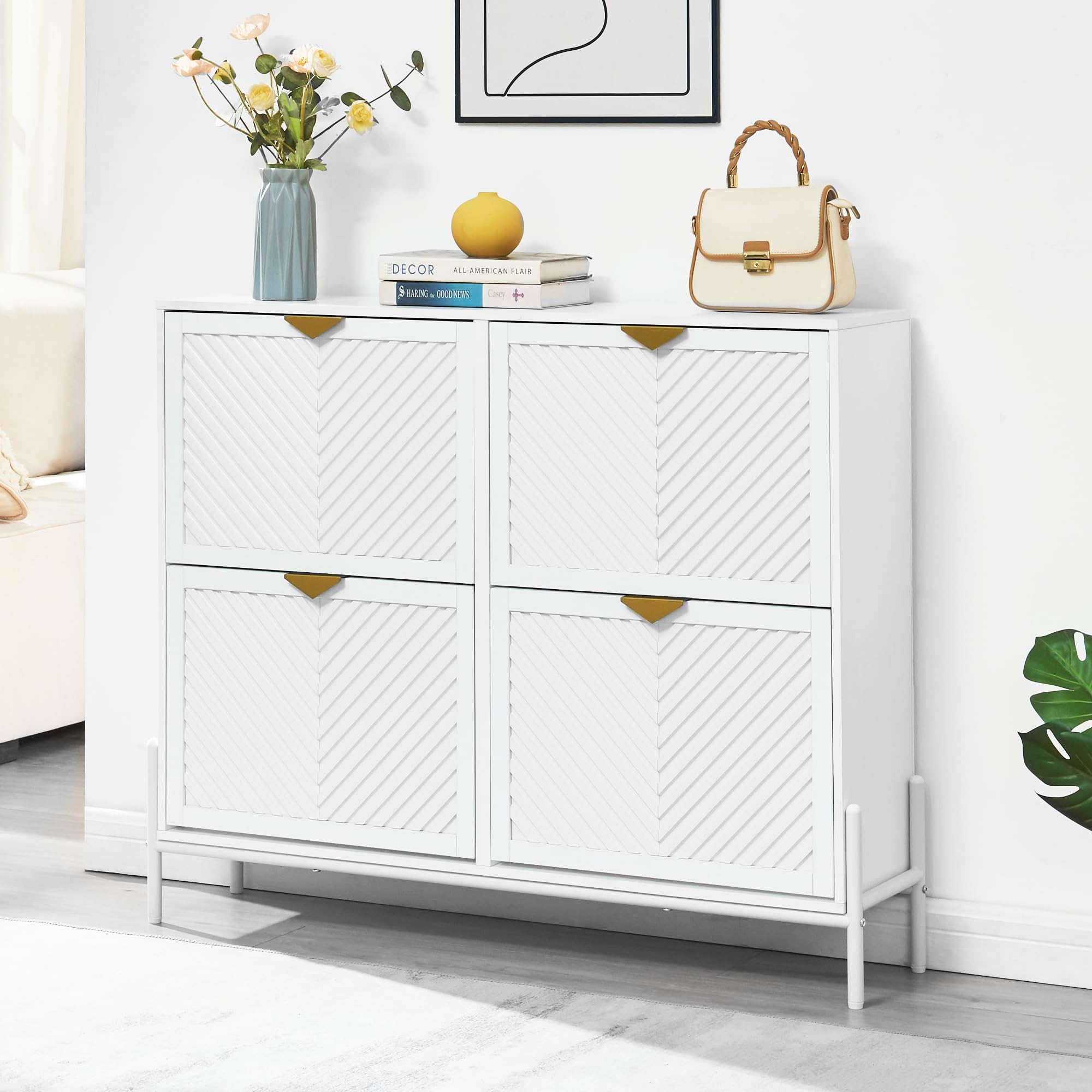 VIPLUMI Shoe Cabinet Storage with 4 Flip Drawers, Narrow Hidden Shoes Organizer Cabinet for Entryway, Freestanding Slim Shoe Rack Front Door Entrance(