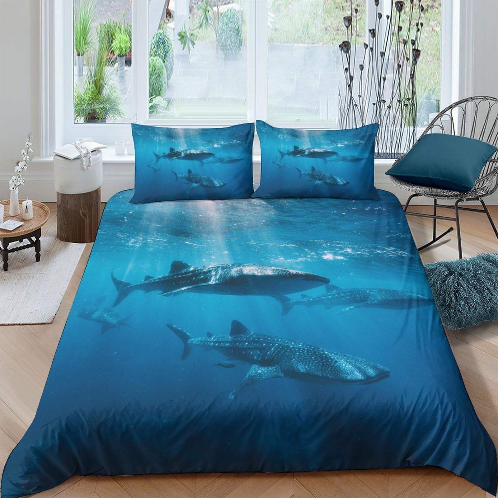 GPLZQXKJNH 3D Printed Ocean Shark Duvet Cover Microfiber Soft Breathable Underwater Bedding Set with 2 Pillowcases for Bedroom Decor Single（135x200cm）