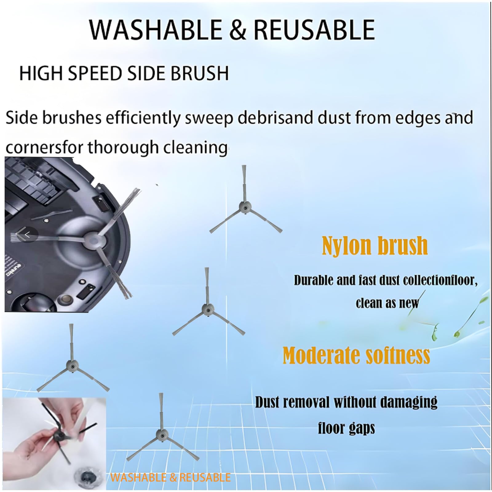 Multiple three-armed side brushes, made of grey nylon, designed for sweeping debris from edges and corners, with an inset showing how to attach them.