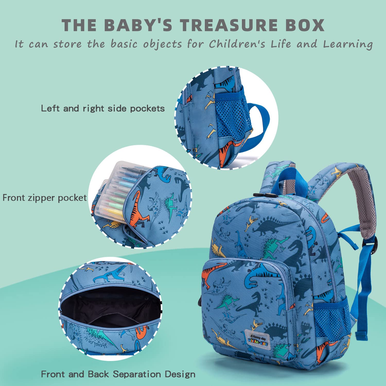 willikiva 3D Dinosaur Backpack Toddler Backpacks for Boys and Girls Kids Backpack Waterproof Preschool Safety Harness Leash (Light Blue) - Image 5