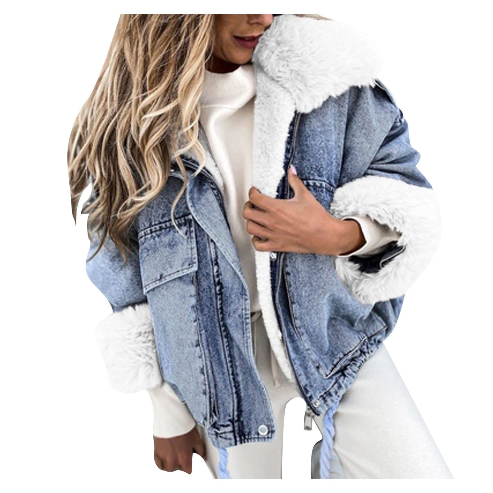 IQYU Chaqueta vaquera con pelo para mujer – Chaqueta de invierno para mujer, chaqueta larga y cálida, forro polar, con capucha, para adolescentes, para exteriores, chaqueta vaquera, chaqueta vaquera,