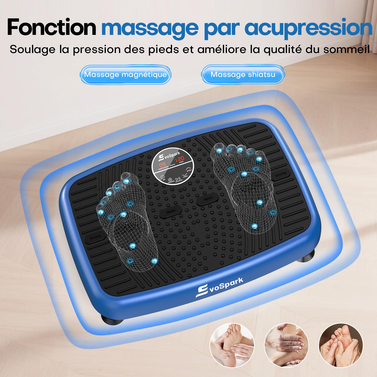 Plateforme Vibrante Perte de Poids, Plateforme Vibrante EvoSpark avec Double Moteur Haute Performance 2025, 120 Vitesses réglables, capacité de 450 LB Plaque Vibrante pour Drainage lymphatique