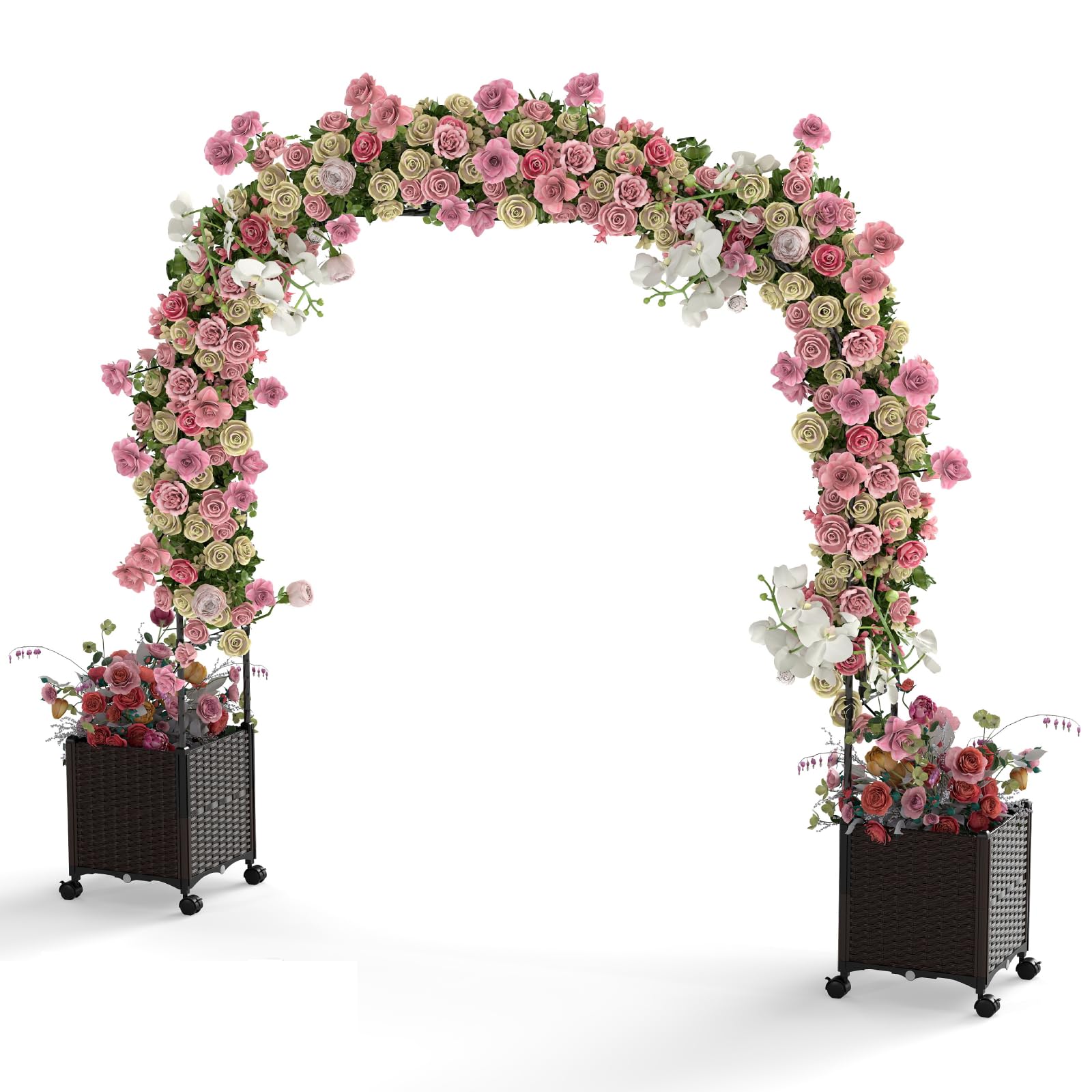 TANGZON Metal Garden Arbor with 2 Planters, Self-Watering Lawn Terrance Patio Trellis Pergola, Outdoor Rose Vines Climbing Support Arbor Archway with Arch Trellis for Wedding Party (288 x 40 x 200 cm)