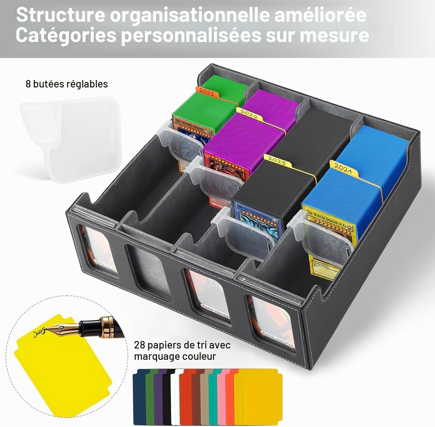 Boîte de rangement pour cartes à collectionner pour 2400+ cartes, Boîte de rangement pour cartes de jeu pour affichage Commander, Boîte MTG TCG avec 8 séparateurs de cartes ajustables, pour