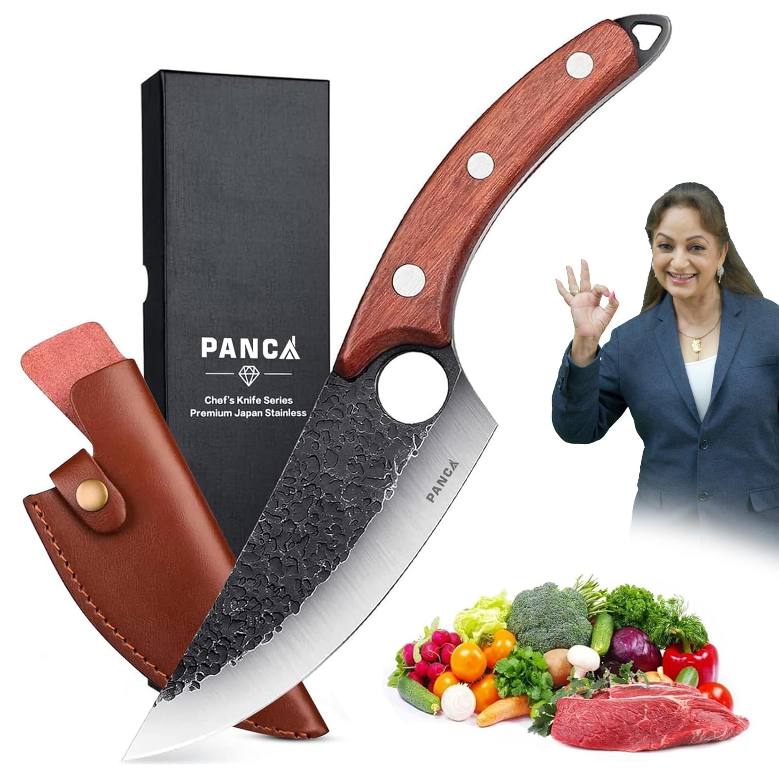 panca premium 8 inch chef's knife – ultra sharp high carbon german stainless steel blade | ergonomic wooden handle | forged knife for meat, vegetables & home kitchen