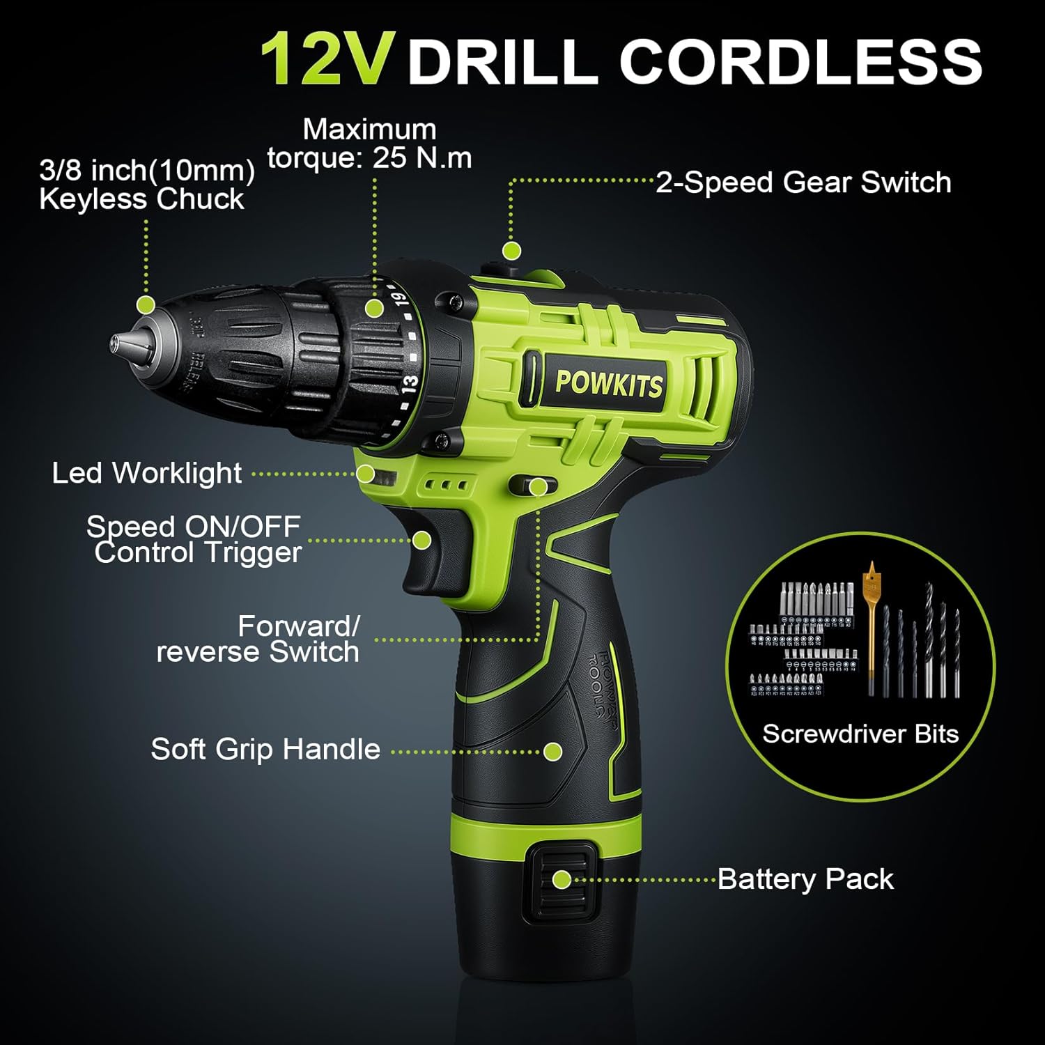 Cordless Drill Tool Set: 12V Power Drill Tool Kit with Battery & Charger, Portable Household Basic Drills Case for Men & Women, Homeowner, Diyer, Handyman, 142 Piece
