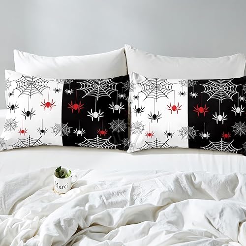 Miniatura 4 de Sábanas de araña roja de Halloween, telarañas, decoraciones de Halloween, juego de ropa de cama blanco y negro, sábana bajera ajustable de telaraña,