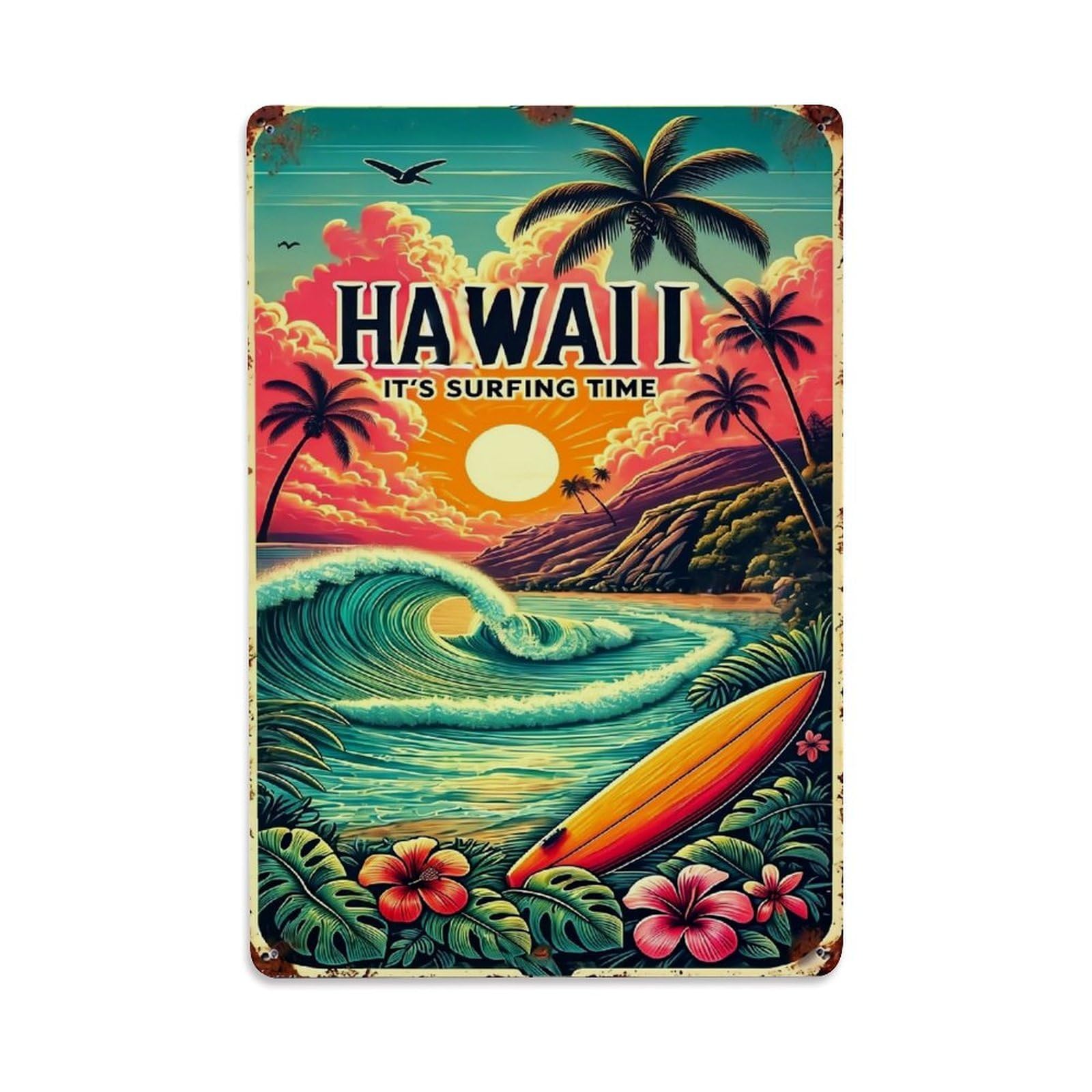 Jdfenggu Vintage Hawaii Surfing Time Poster Retro Metal Tin Sign, Metal Poster For Bar, Home, Man Cave, Kitchen, Laundry Room Art Decor 8X12 Inch