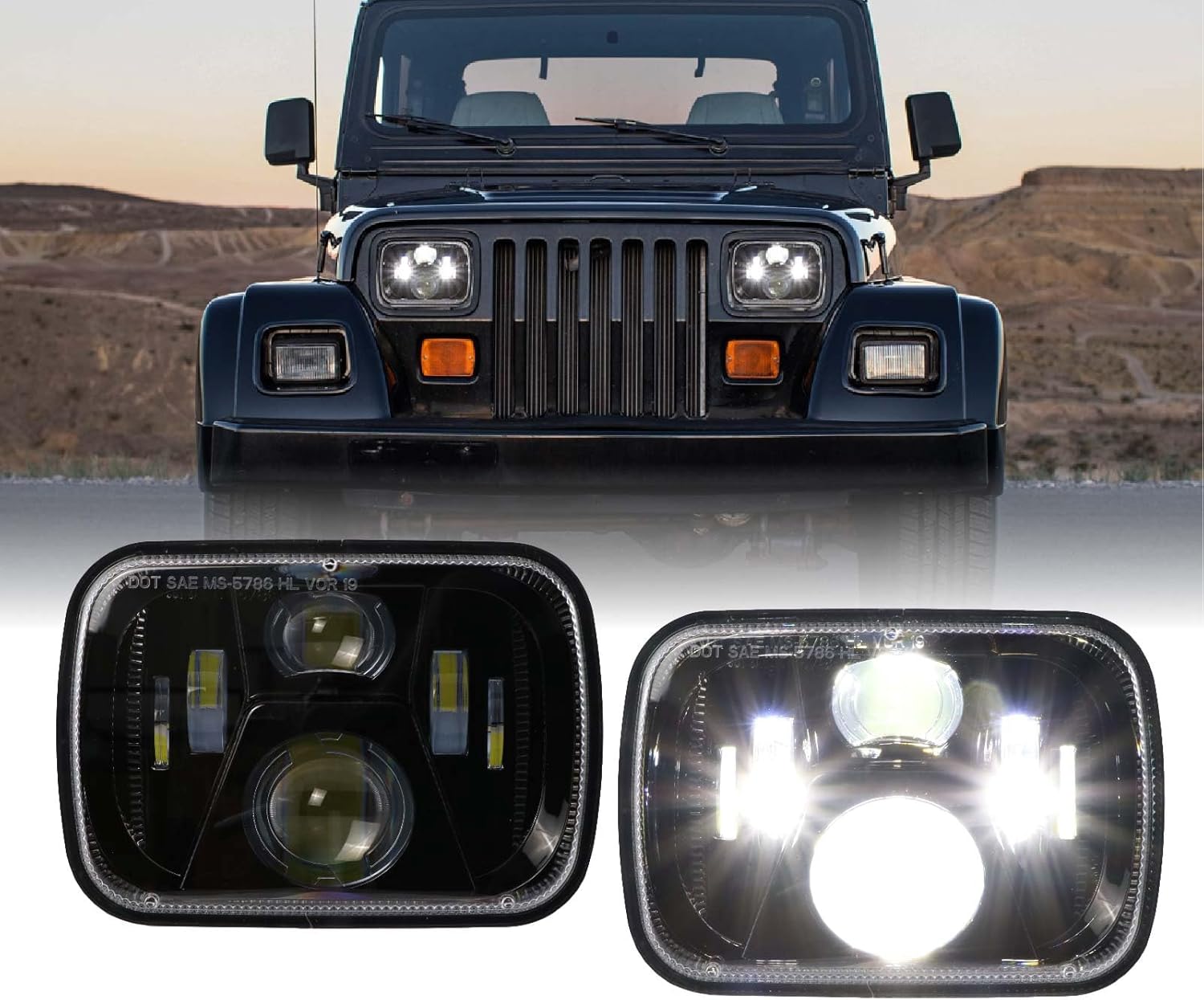 USR 87-95 Wrangler YJ 7x6 H6054 LED Sealed Beam Projector Headlight Low/High Beam Black H6052 Headlamp Assembly (Pair) Compatible with 1987-1995 Jeep Wrangler YJ Laredo Islander Sahara S SE Rio Grande