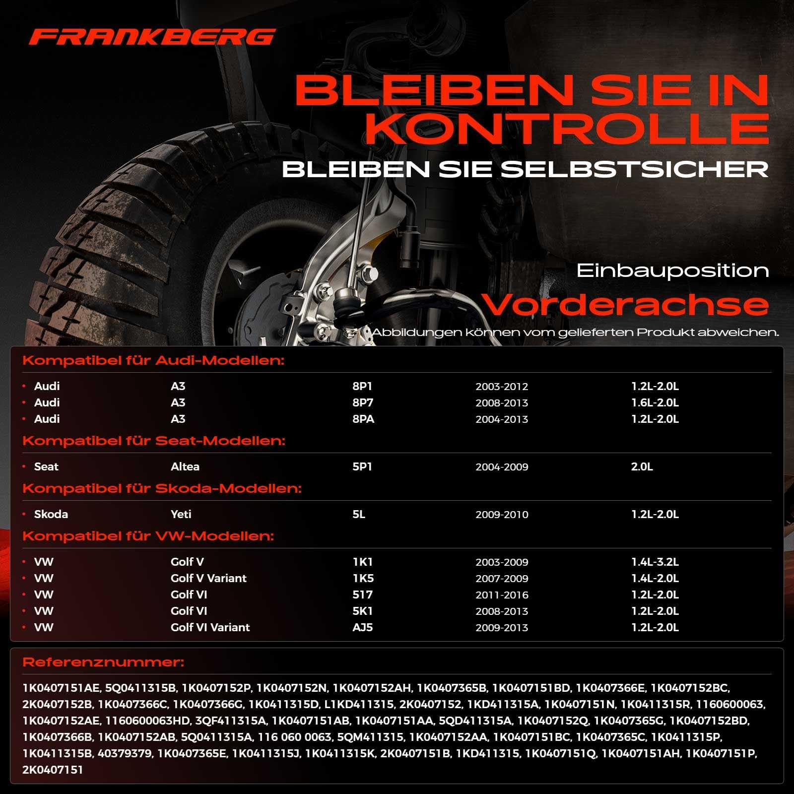Frankberg 2x Querlenker + 2x Koppelstange + 2x Traggelenk Kompatibel mit A3 8P1 1.2L-2.0L 2003-2012 Altea 5P1 2.0L 2004-2009 Leon 1P1 1.4L-2.0L 2005-2012 Replace# 1K0407152AA