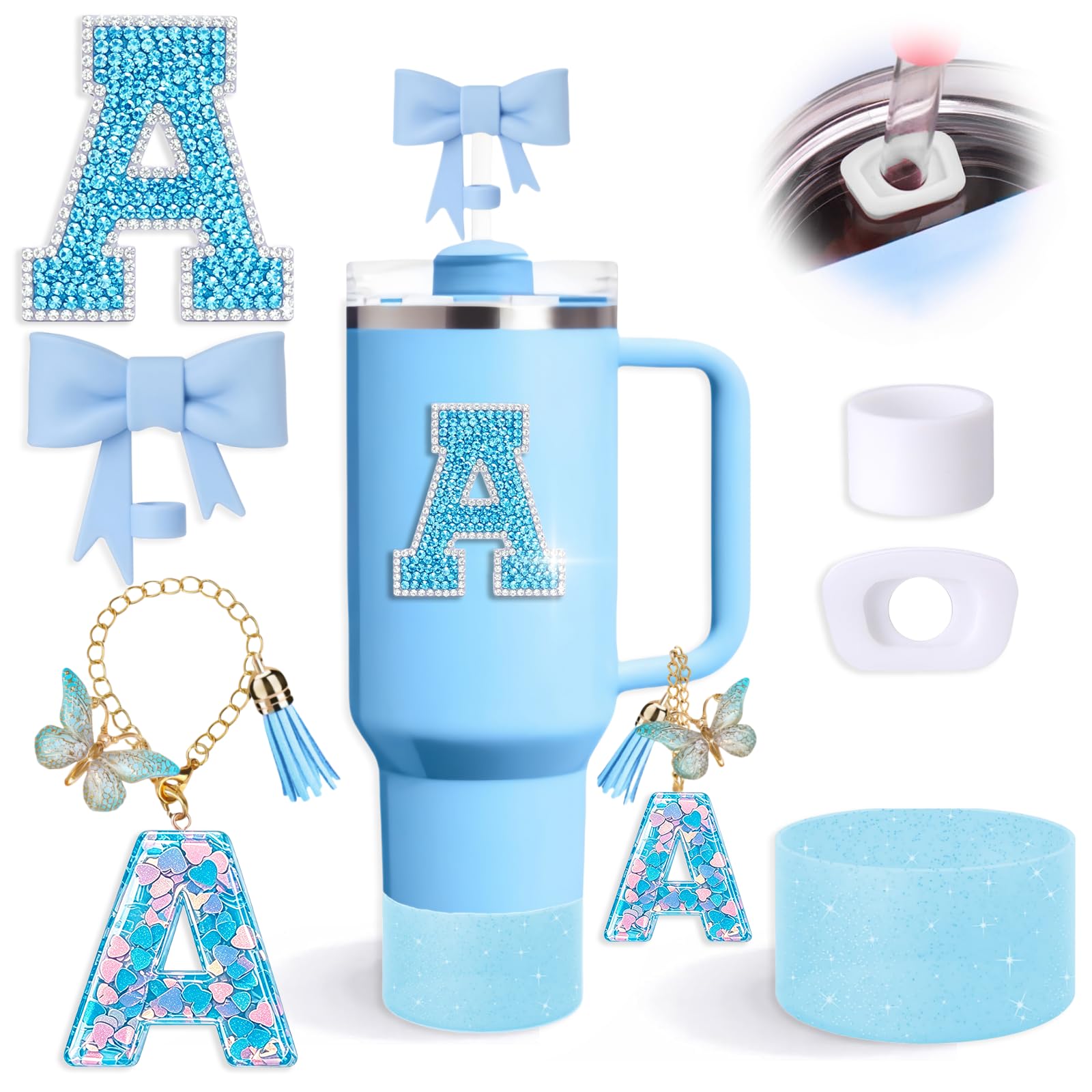 6pcs Blue Stanley Cup Accessories Set, Bow Straw Topper for Stanley Cup 30oz 40oz, Including Straw Topper and Sparkly Silicone Boot, Stoppers Spill Proof, Handle Charm, Initials Sticker