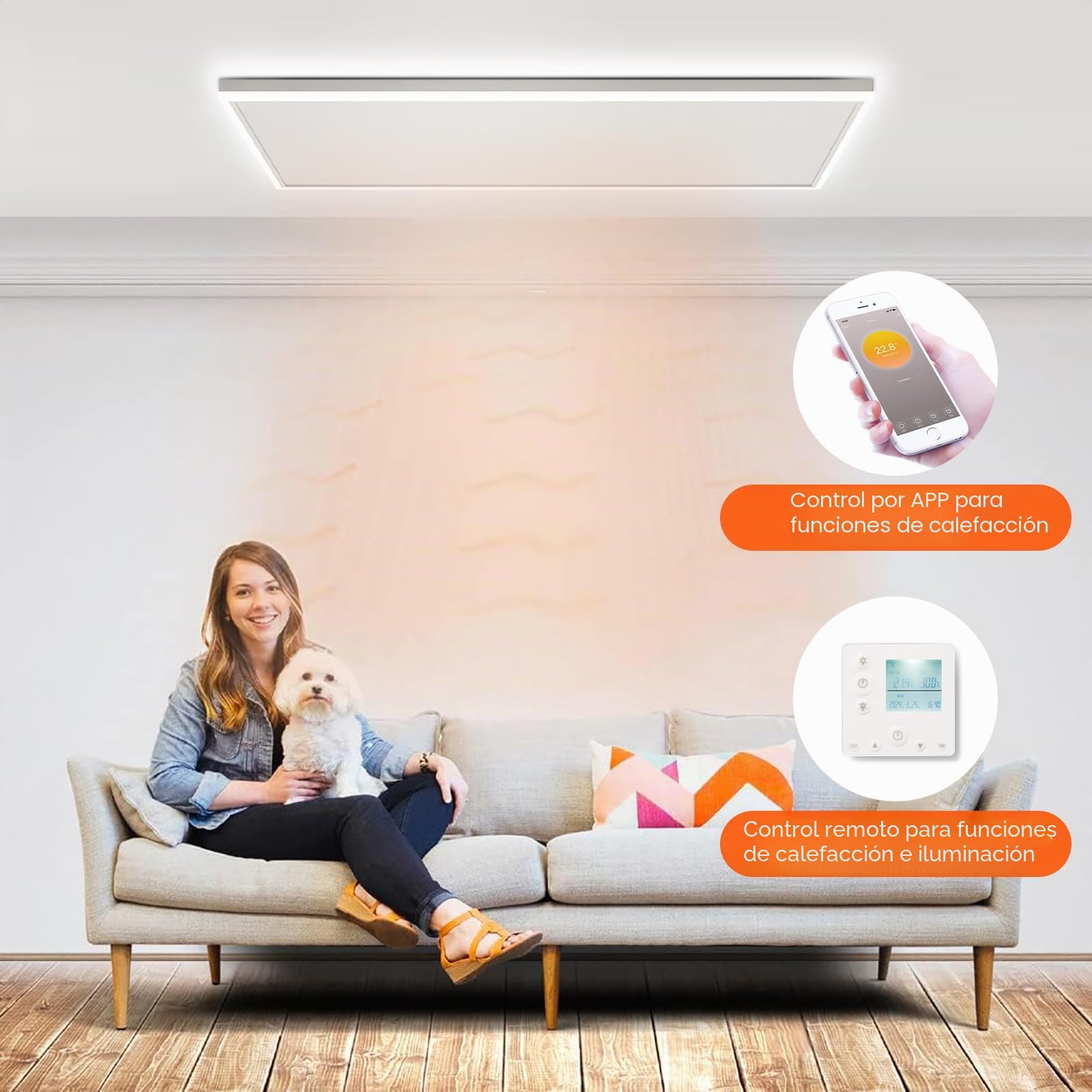 Calefacción infrarroja con termostato, 400 W, calefacción de techo, infrarrojos con iluminación LED, calefacción infrarroja, montaje en techo, control por aplicación, calefacción eléctrica, panel