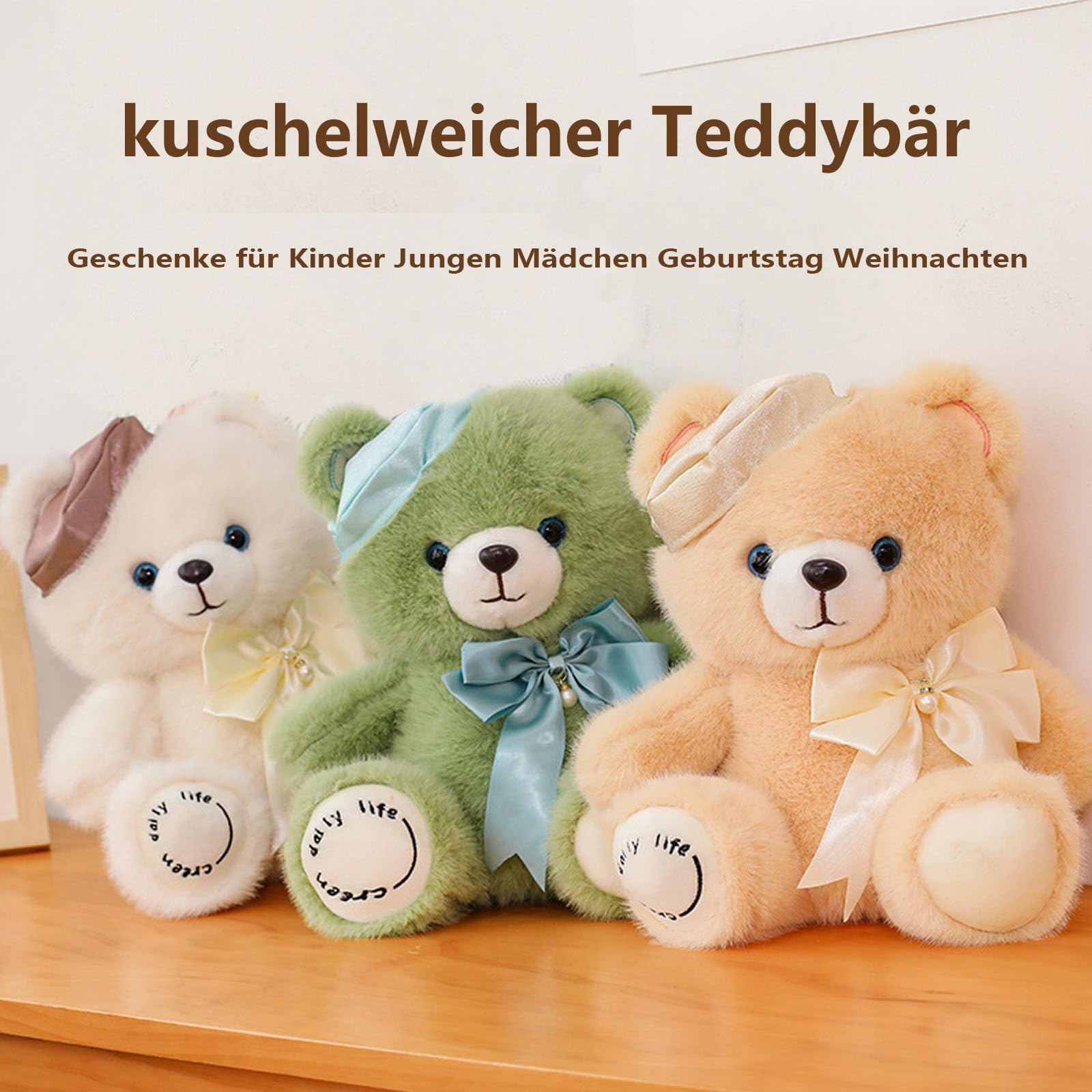 Teddybär Plüsch, Riesen Teddybär XXL mit Schleife und Baskenmütze, Weiches Nette Bär Puppe Tier Kuscheltier, Süße Stofftier Spielzeug, Geschenk für Kinder Jungen Mädchen Geburtstag (60cm,Champagner)