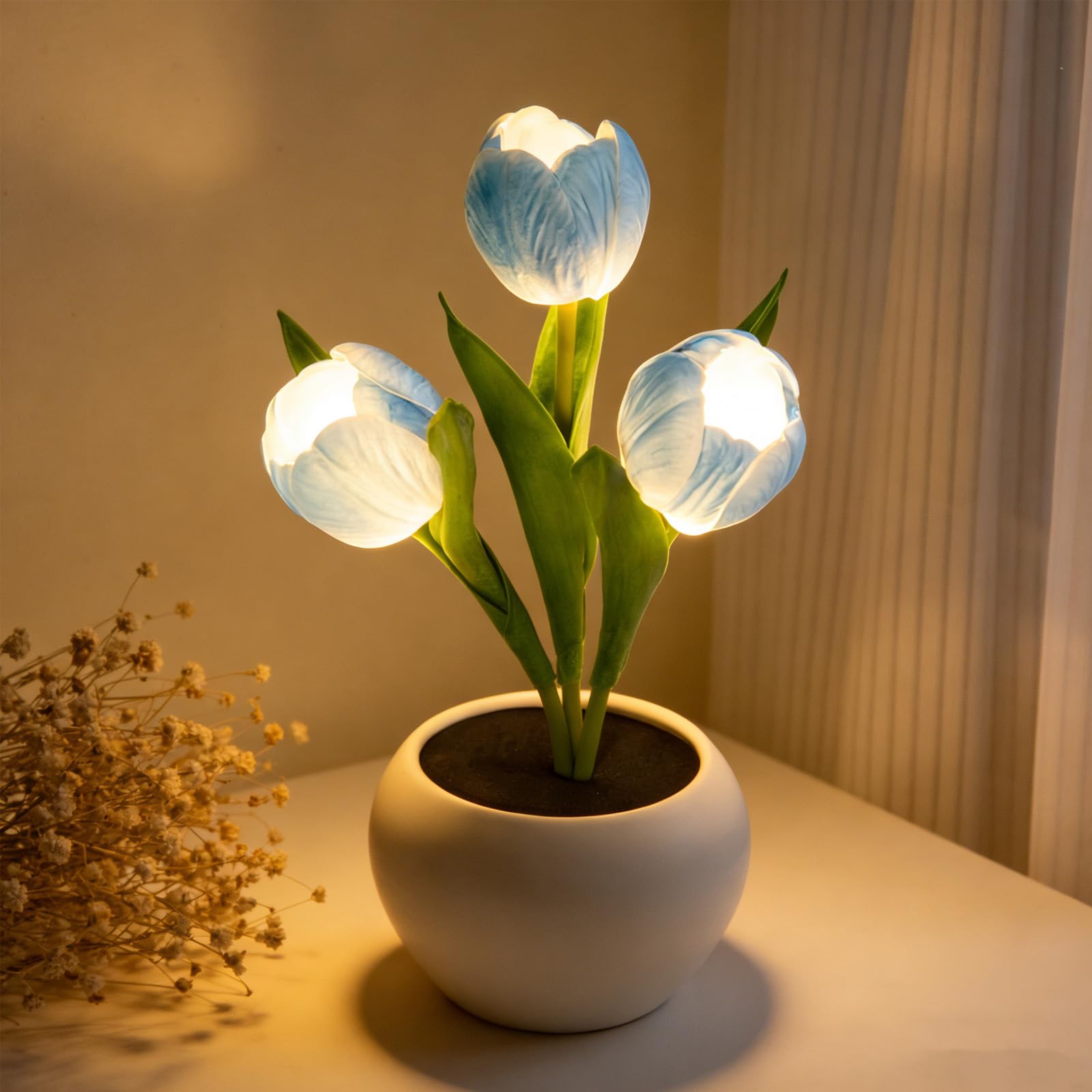 ANSUG 3 Flower Blue Tulips Night Light, Flower Tulips Table Lamp, Tulip Lamp, Decorative Home Accent Lighting, Bedroom Decor Gifts for Women Mother's Day Christmas Birthday Grandma