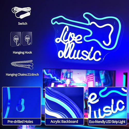 Miniatura 5 de Letreros de neón con música en vivo para decoración de pared, guitarra azul, luz LED blanca para decoración de habitación preparada, letrero