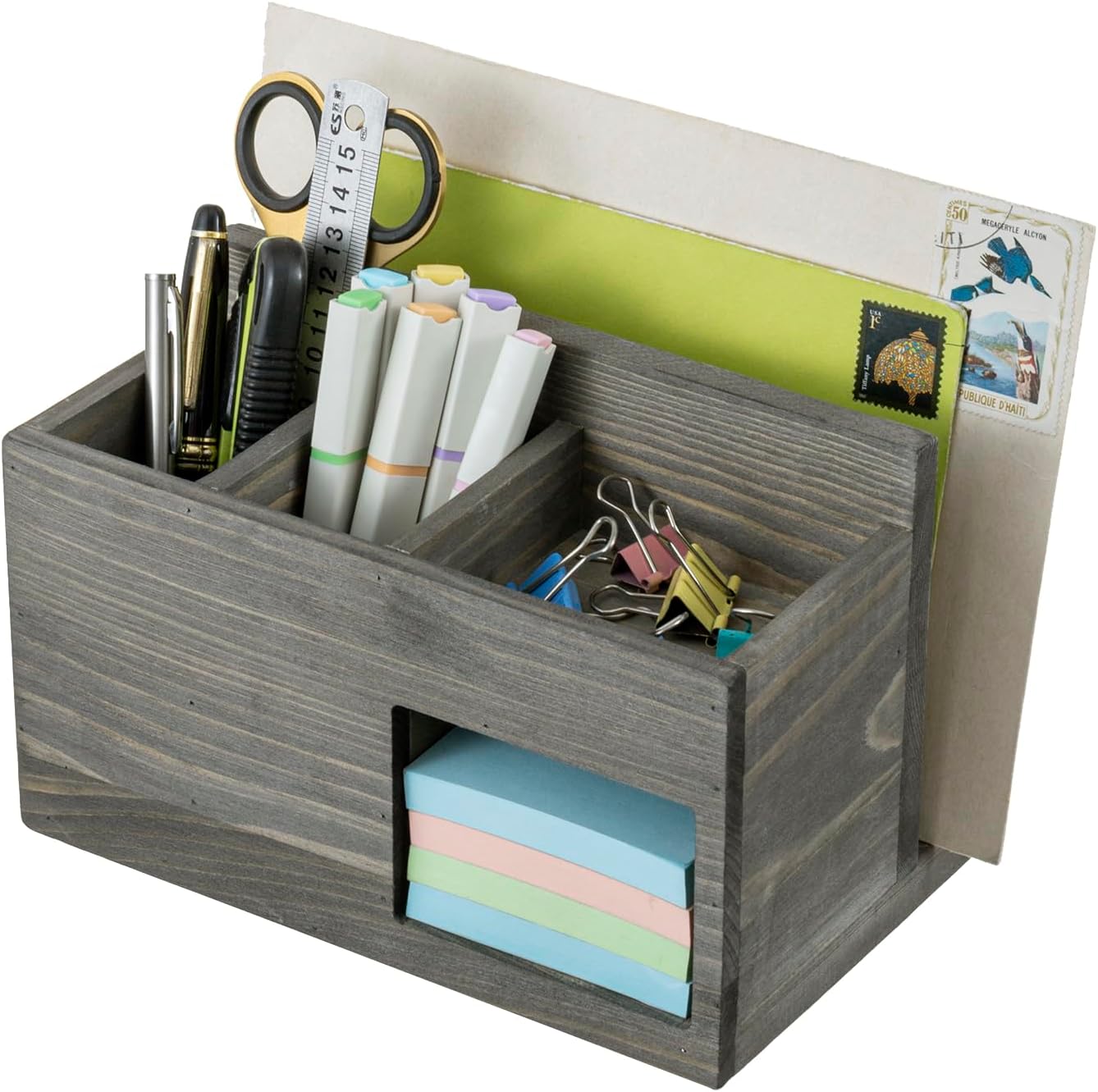 MyGift Vintage Weathered Gray Solid Wood Desktop Organizer – Mail Slot, 2 Pen Holders, Sticky Note Storage, Supplies Tray, Office Desk Caddy