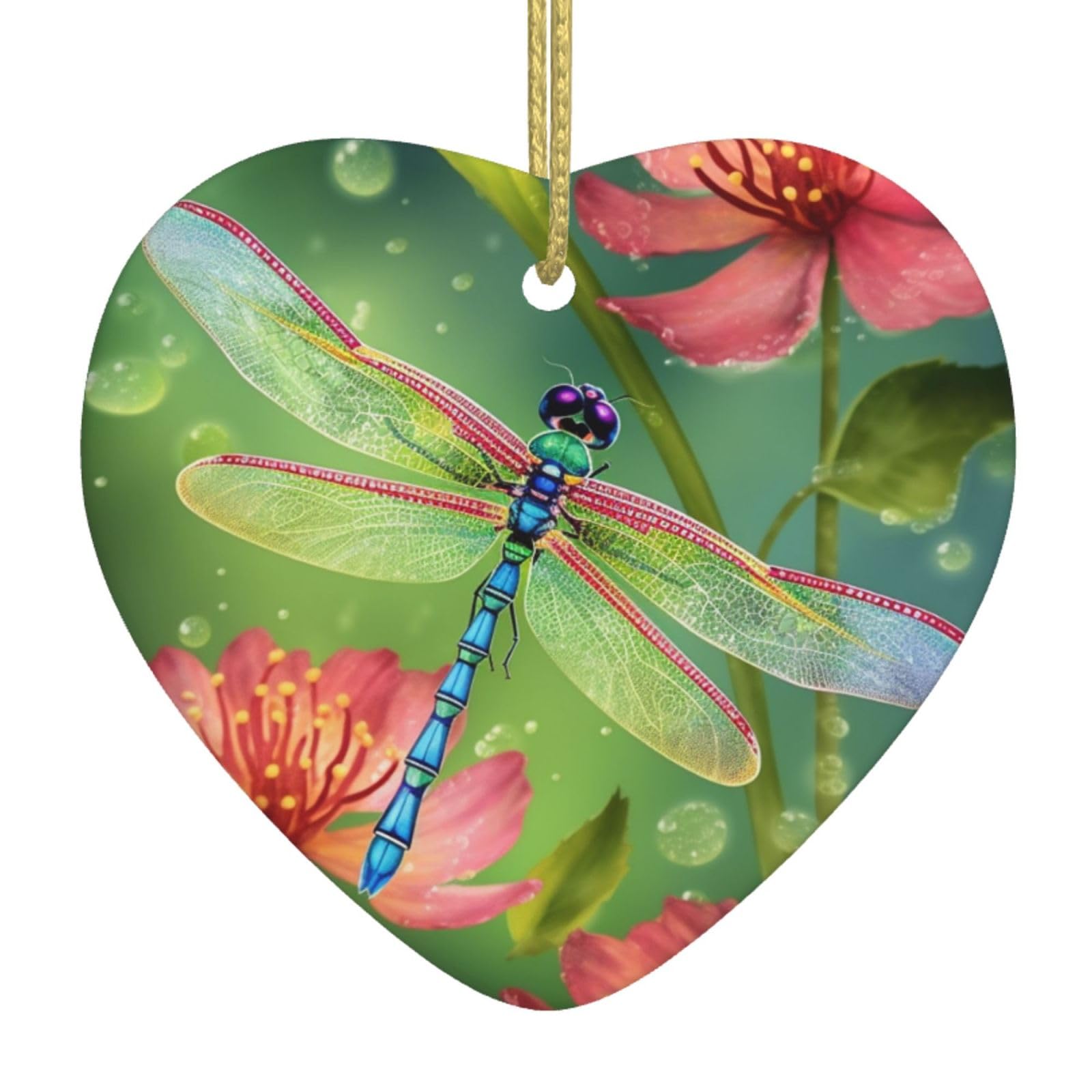 Dragonflies and Flowers Christmas Ornament 2025 Heart Ceramic Hanging Ornaments for Home Decor Christmas Decorations with Gold Rope Double-Sided Xmas Tree Ceramic Hanging for Holiday Party