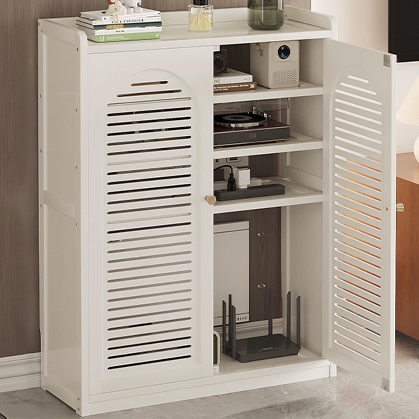 WiFi Router Storage Cabinet with Adjustable Shelves, Hidden Box Floor Freestanding Organizer with Doors for Bedroom Living Room