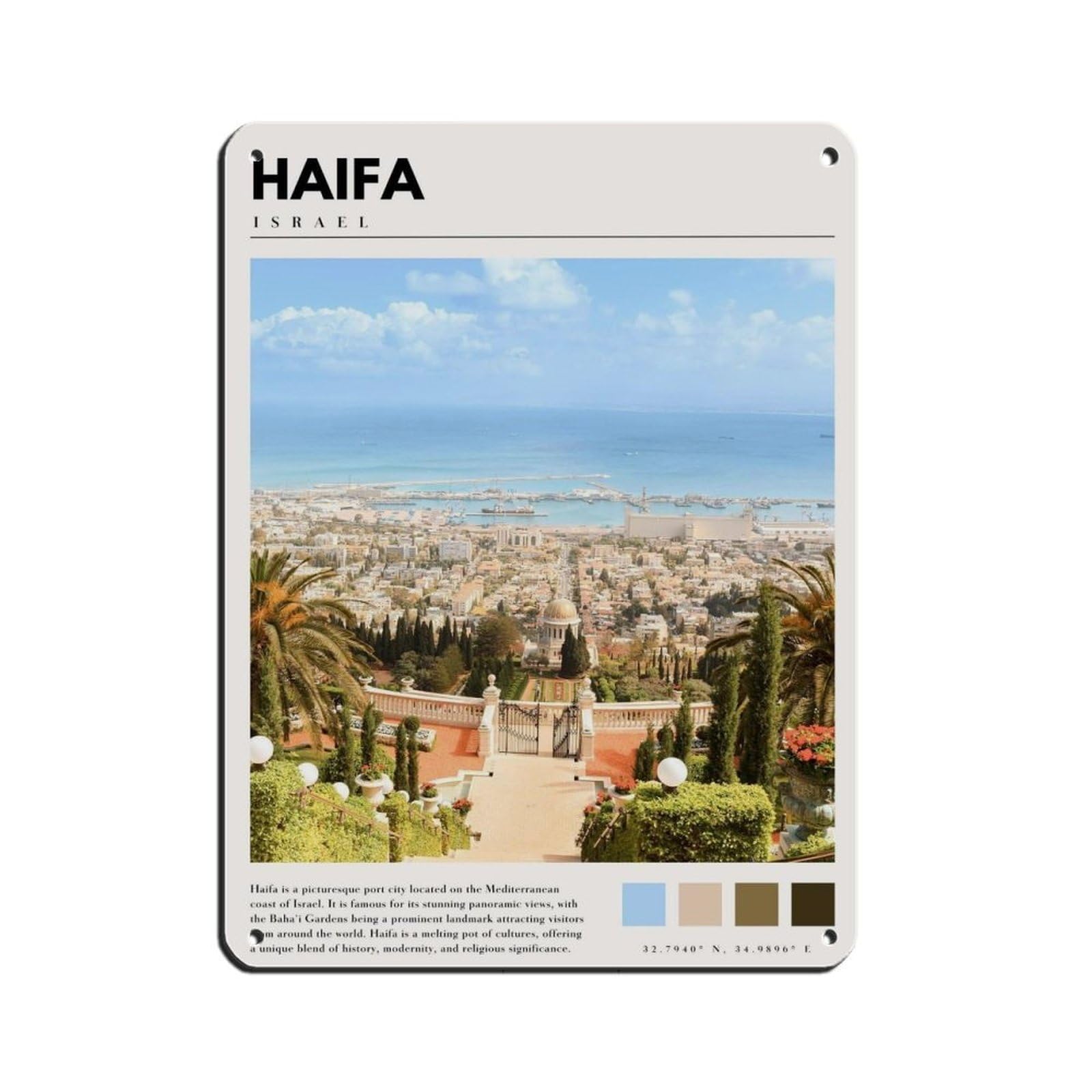 Haifa Israel Poster Israel Art Tin Sign Vintage Metal Pub Club Cafe Bar Home Wall Art Decoration Poster Retro 12x16inch(30x40cm)