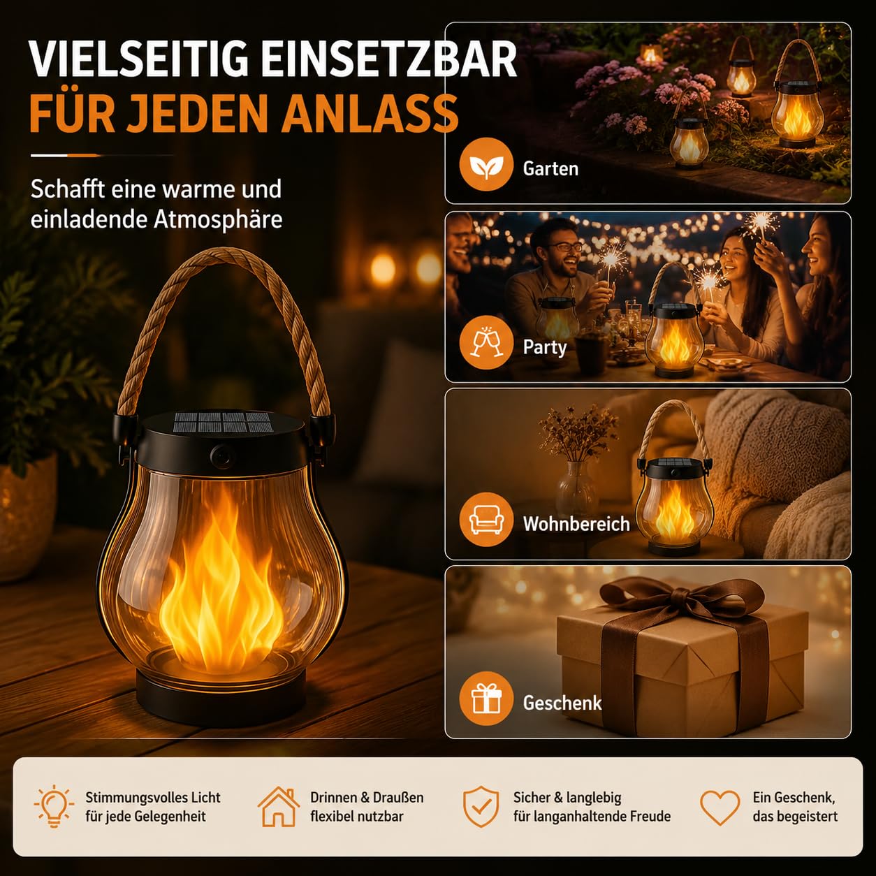 Klynero Solar-Laterne Mit Flammeneffekt, Usb - Aufladung, Ip65 Wetterfeste, FüR AußEn Halloween Dekoration (2PCS)