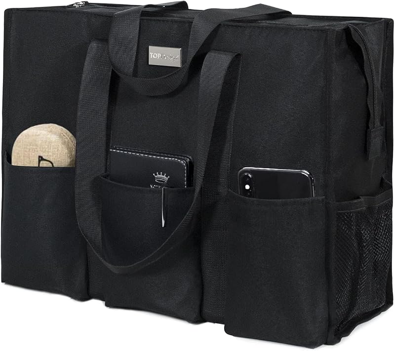 Utility Water Resistant Tote Bag with 13 Pockets, Top Zipper Closure & Thick Bottom Support, for Working Women